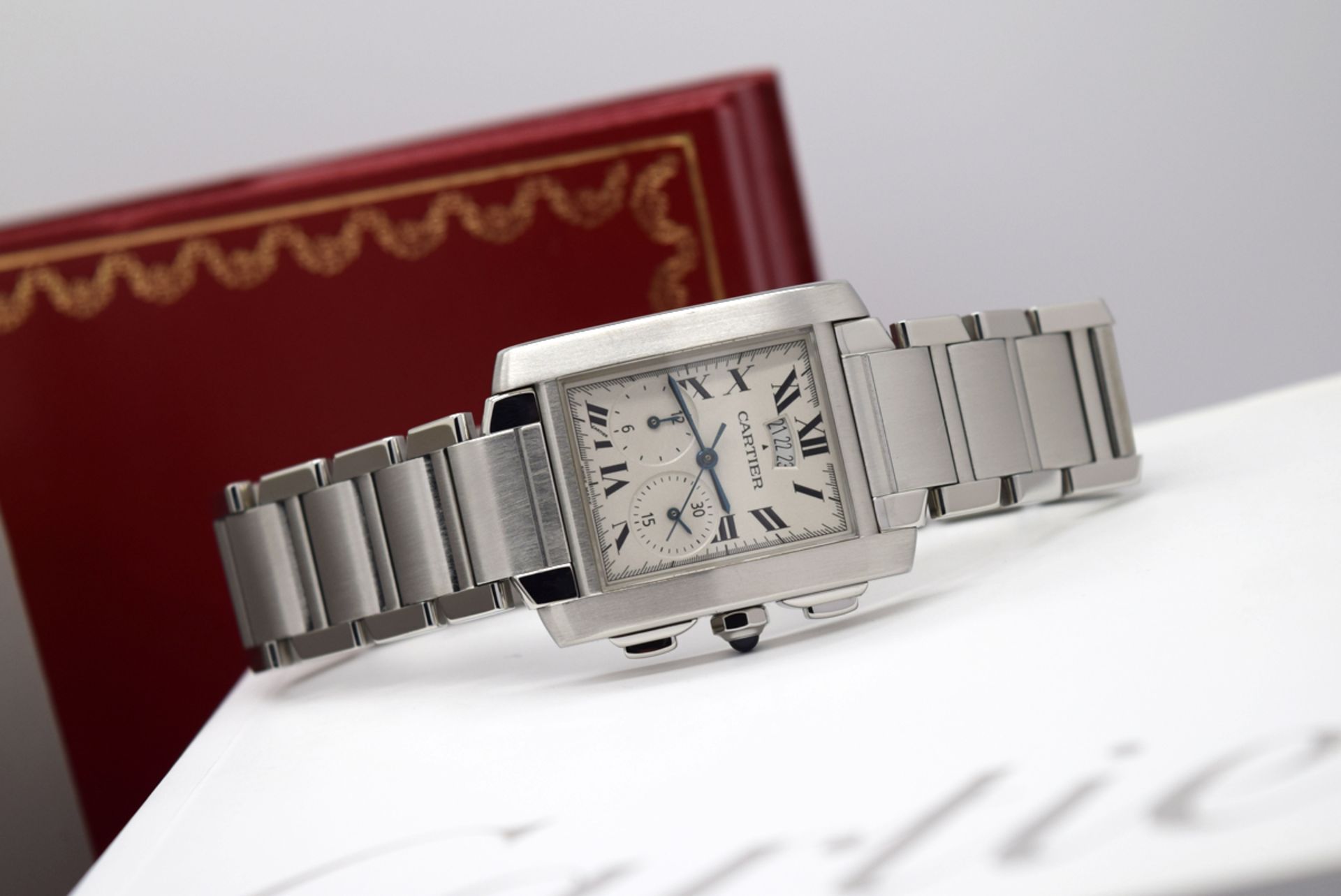 MENS CARTIER TANK CHRONOGRAPH - STAINLESS STEEL - BOX & PAPERS! - Image 4 of 12