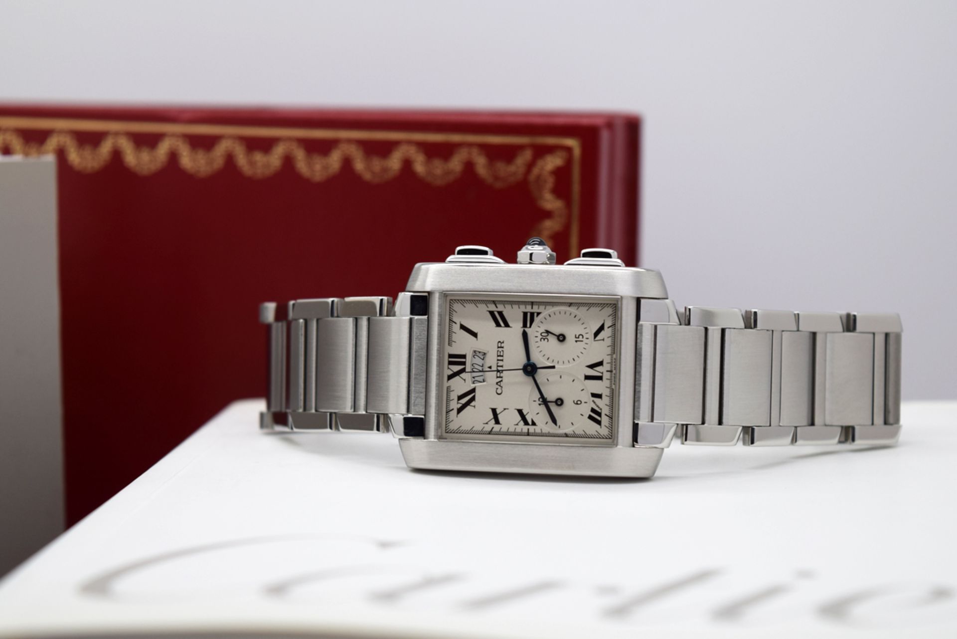 MENS CARTIER TANK CHRONOGRAPH - STAINLESS STEEL - BOX & PAPERS! - Image 10 of 12