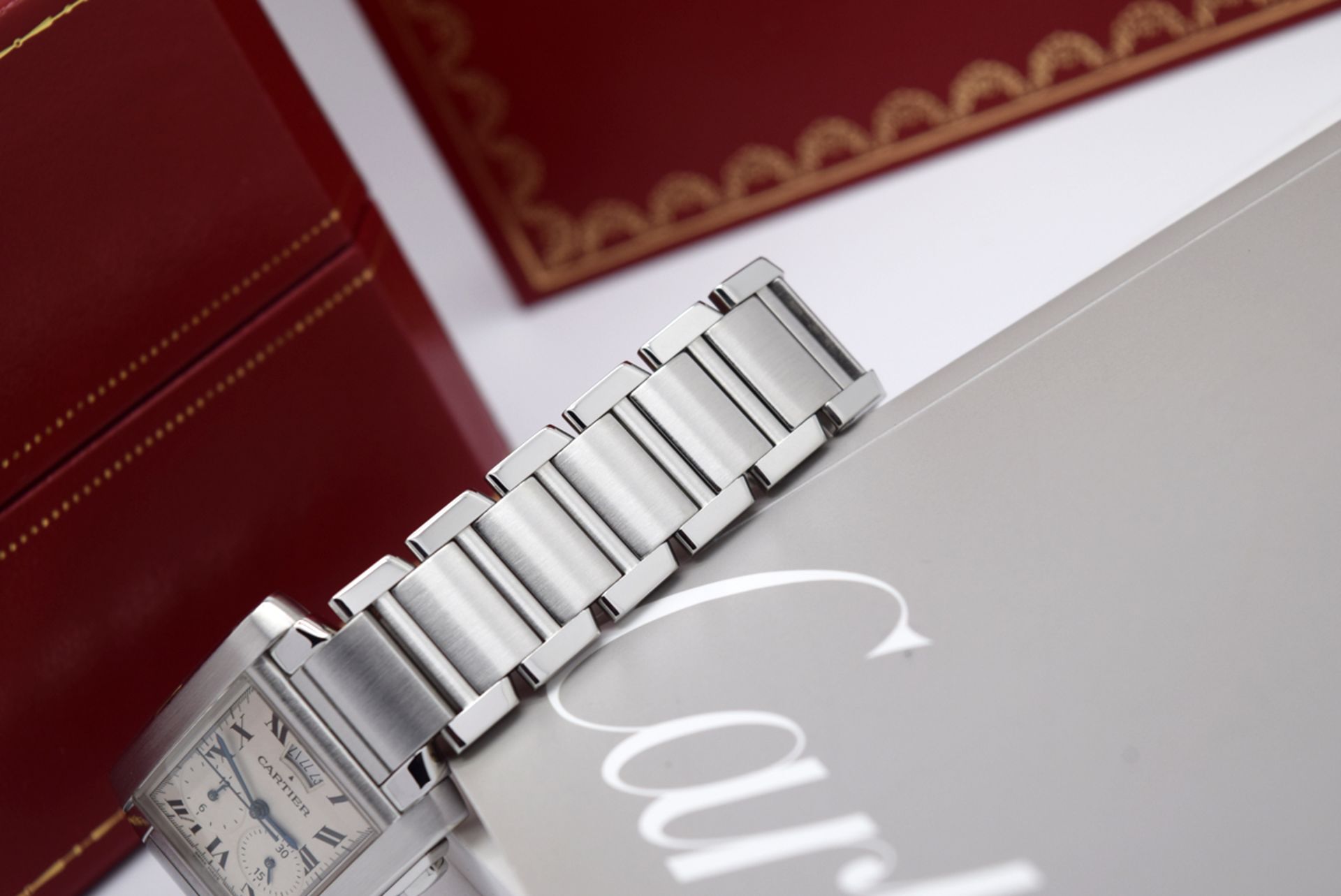 MENS CARTIER TANK CHRONOGRAPH - STAINLESS STEEL - BOX & PAPERS! - Image 9 of 12
