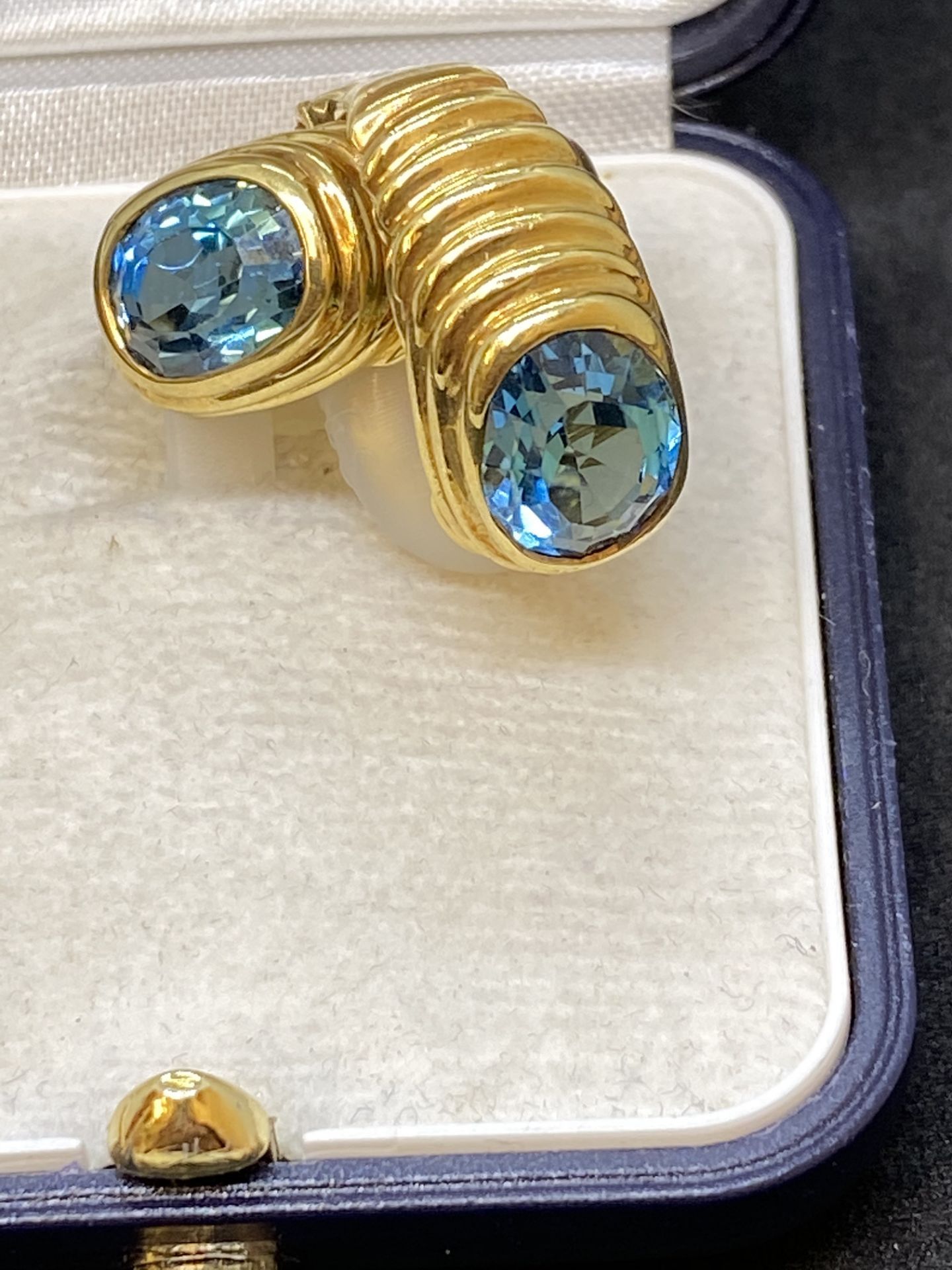 18ct GOLD BLUE TOPAZ SET EARRINGS - 22 GRAMS