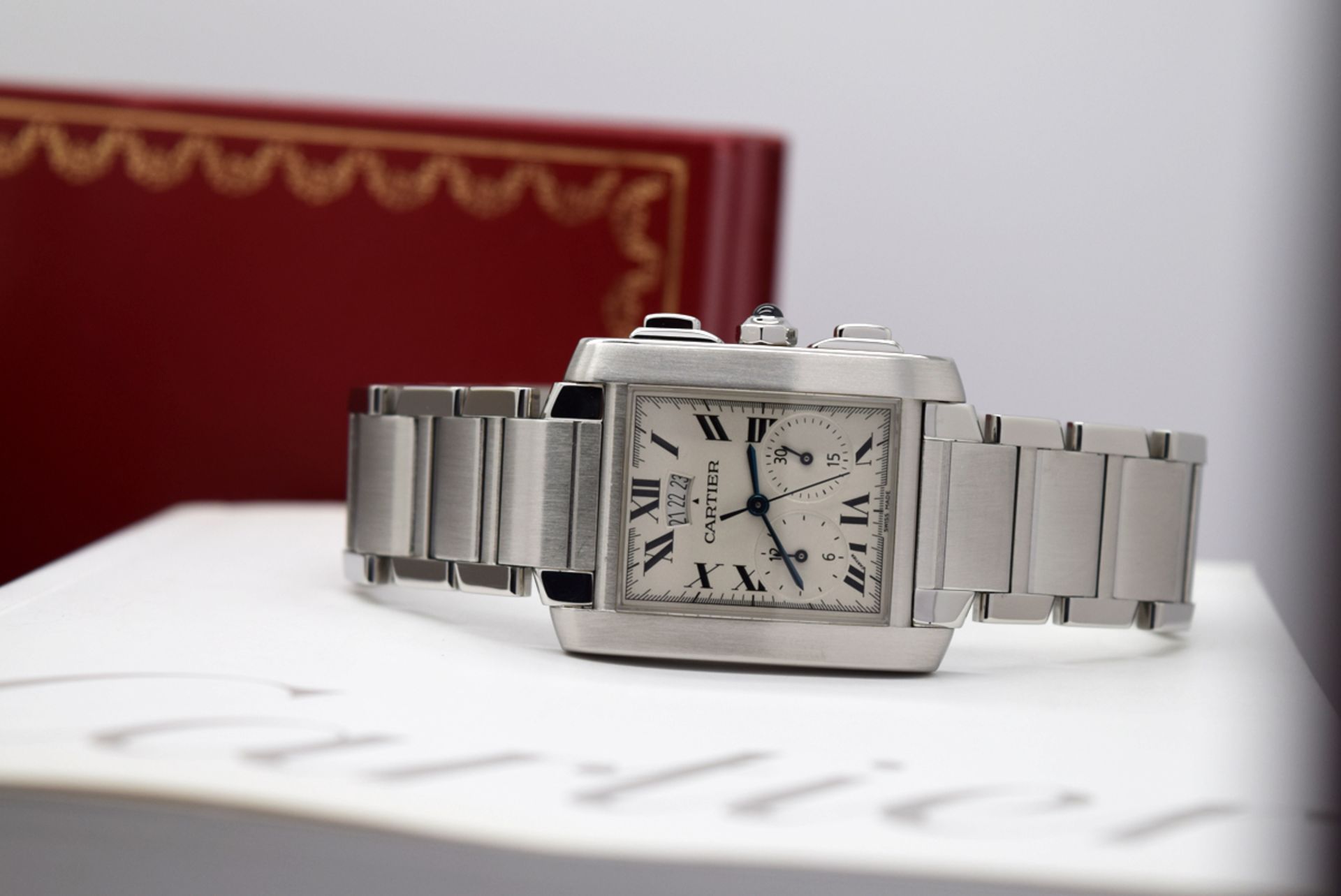 MENS CARTIER TANK CHRONOGRAPH - STAINLESS STEEL - BOX & PAPERS! - Image 2 of 12