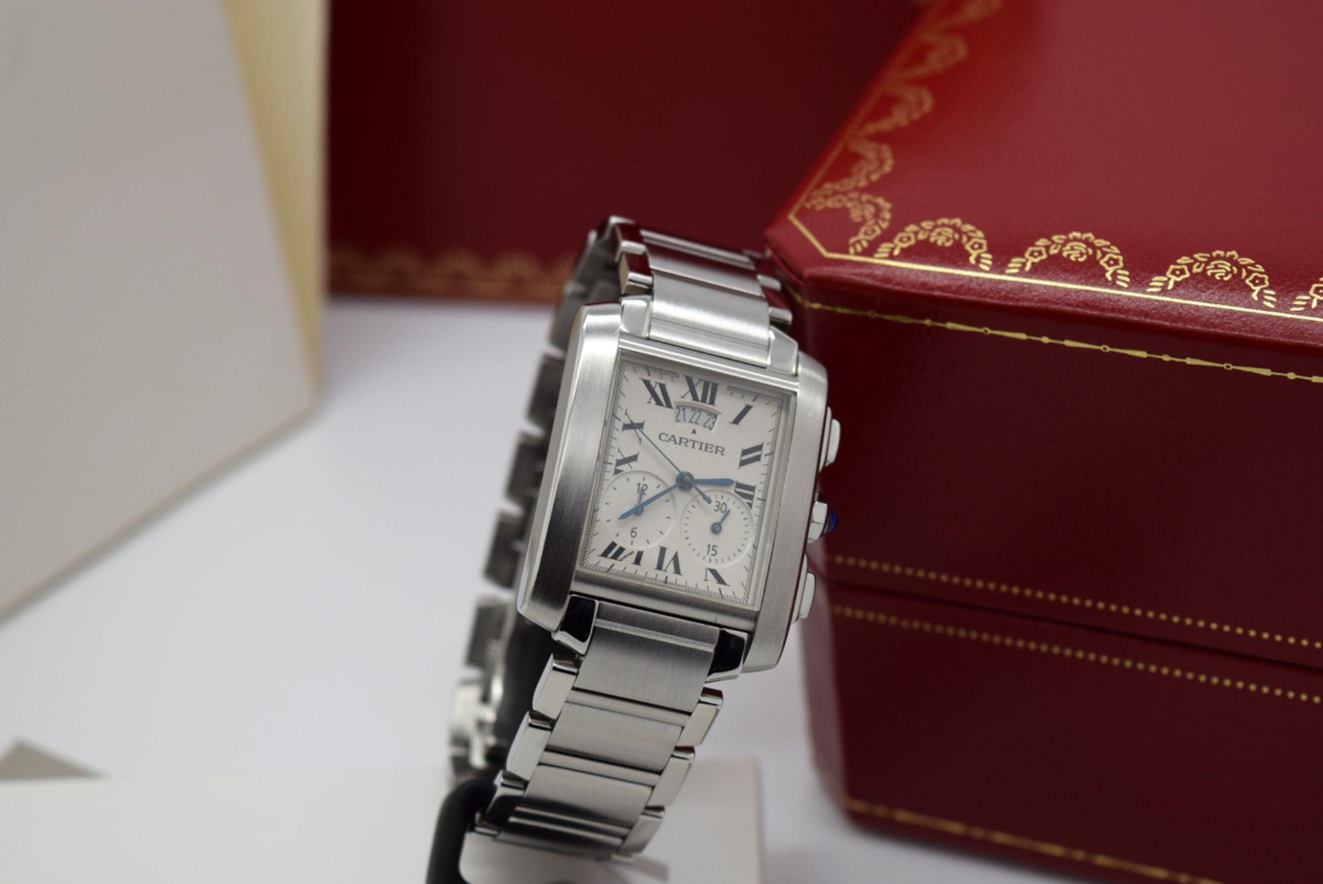 MENS CARTIER TANK CHRONOGRAPH - STAINLESS STEEL - BOX & PAPERS! - Image 8 of 12