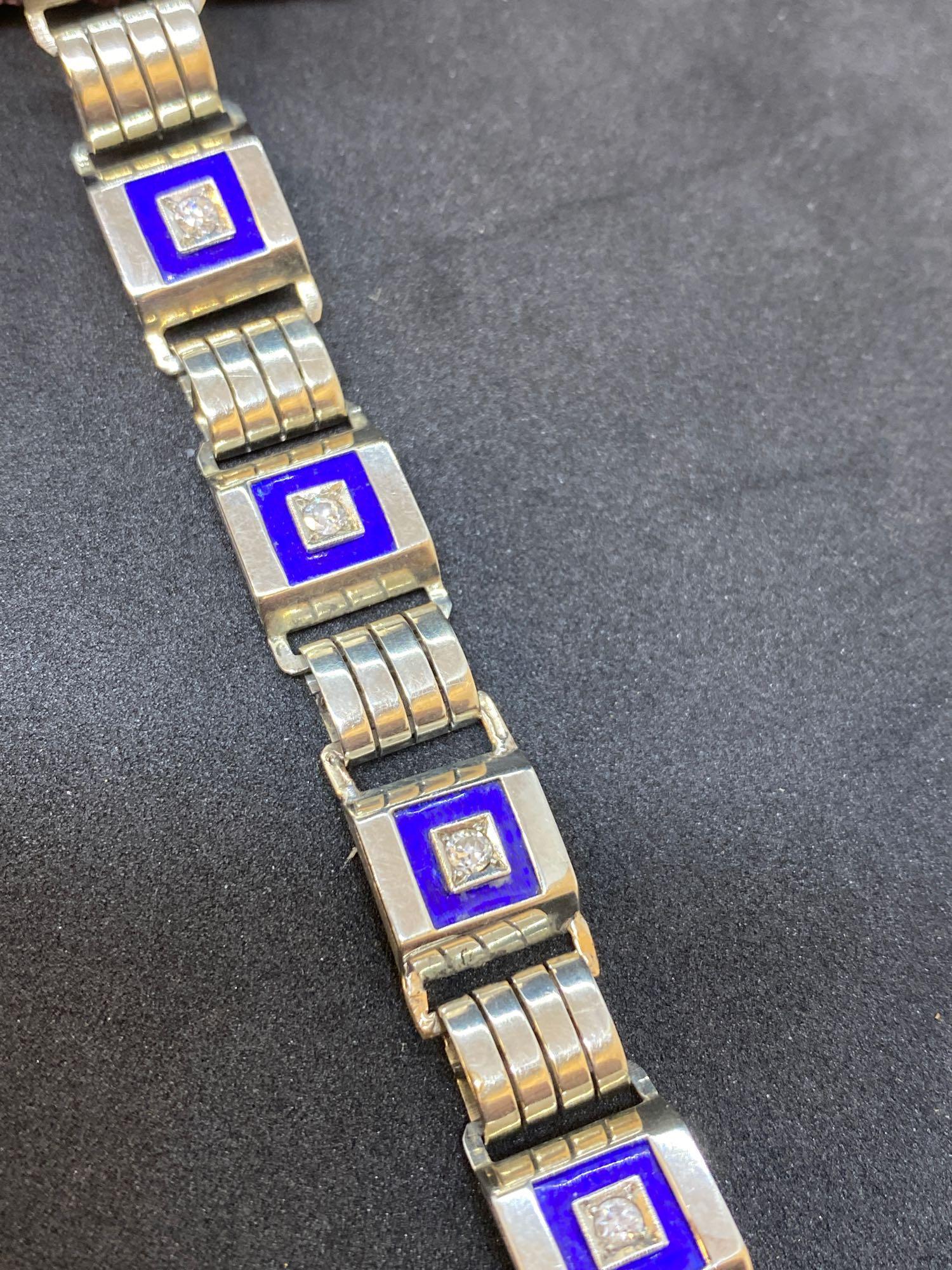 Vintage 18ct Gold Blue Enamel & Diamond set Bracelet - 30 Grams - Image 3 of 5