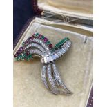 Platinum 3.00ct G/VS Diamond, 1.00ct Ruby & 1.00ct Emerald Brooch - 18 Grams