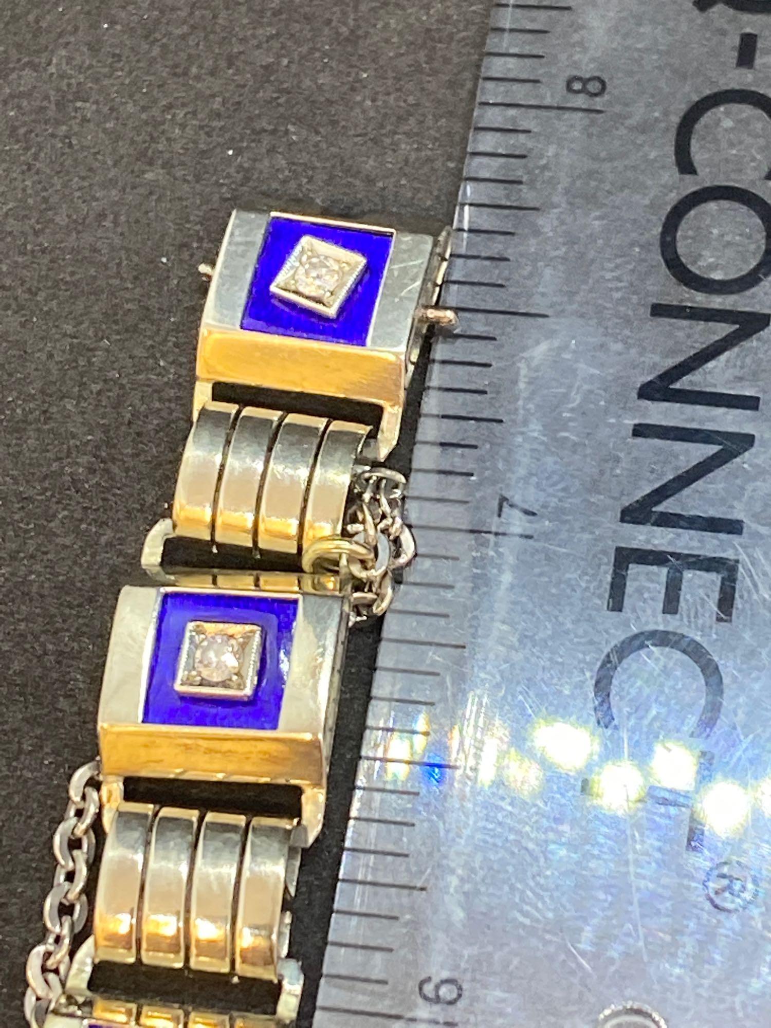 Vintage 18ct Gold Blue Enamel & Diamond set Bracelet - 30 Grams - Image 5 of 5