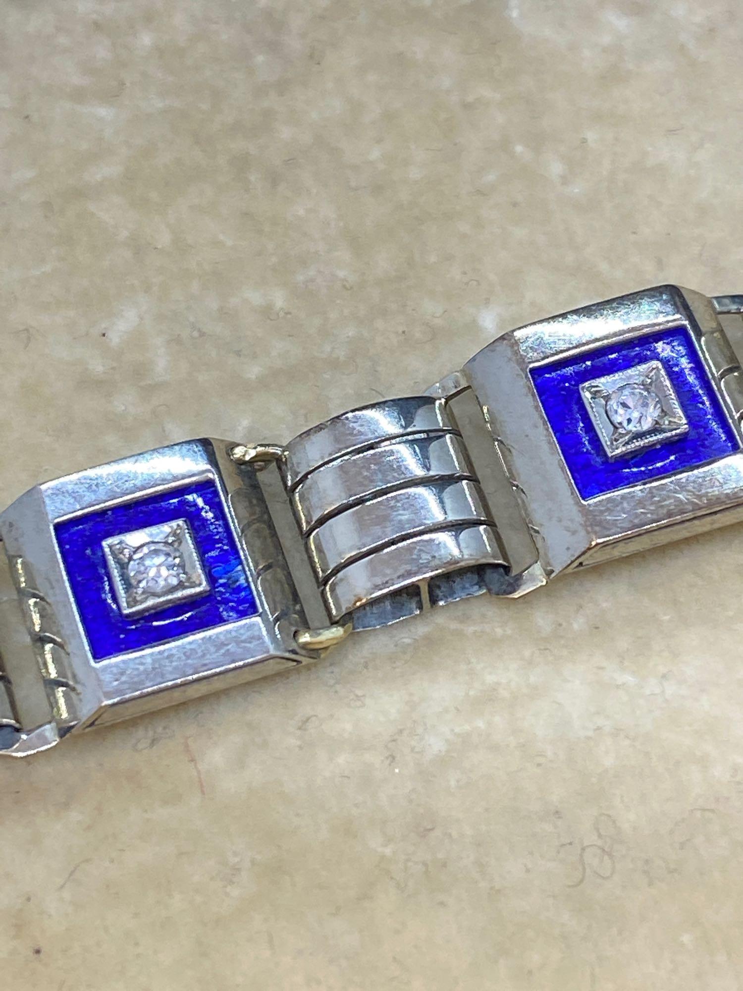 Vintage 18ct Gold Blue Enamel & Diamond set Bracelet - 30 Grams - Image 2 of 5