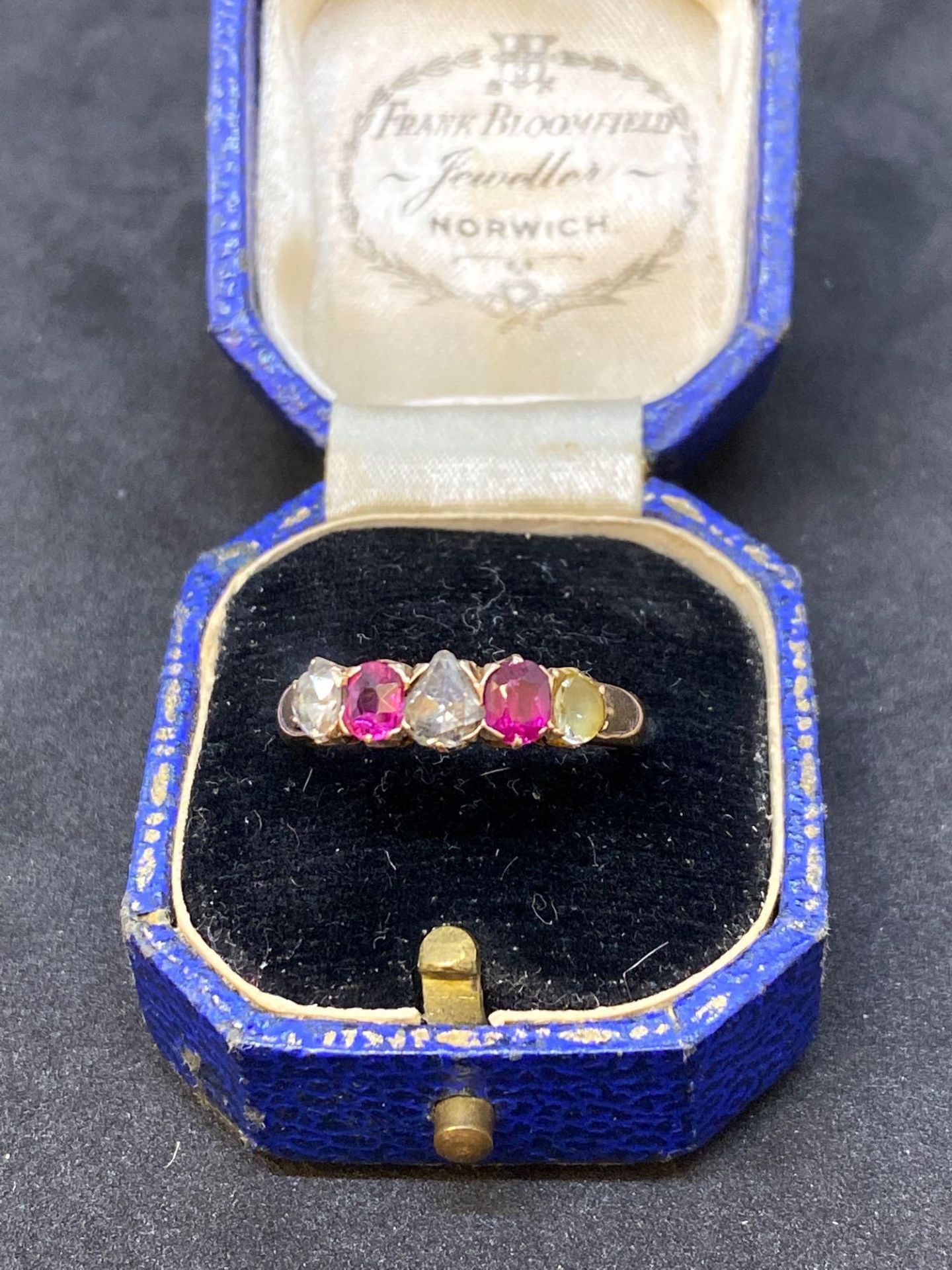 Old Cut Diamond & Ruby set - Rose Gold Coloured ring rested as 18ct Rose Gold