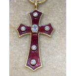 18ct Gold Diamond & Enamel Cross with 14ct Gold 22" Snake Chain - 17.3 Grams