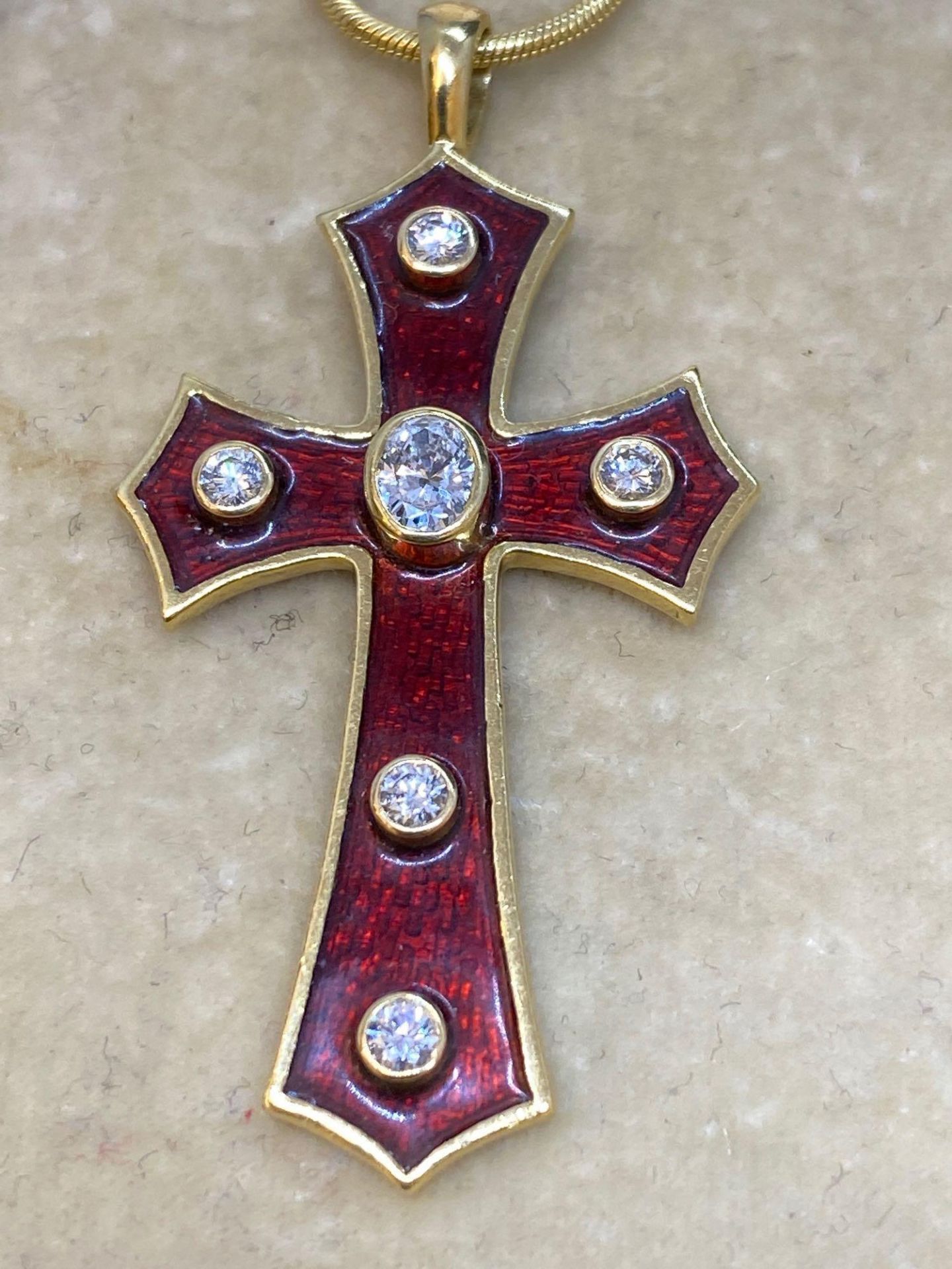 18ct Gold Diamond & Enamel Cross with 14ct Gold 22" Snake Chain - 17.3 Grams