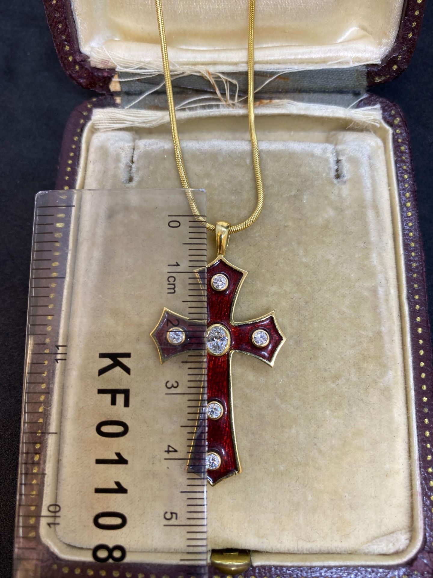 18ct Gold Diamond & Enamel Cross with 14ct Gold 22" Snake Chain - 17.3 Grams - Image 4 of 5