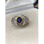 18k Gold 1.00ct Blue Sapphire & 0.50ct Diamond Ring - 7.4 Grams - Approx Size K & 1/2