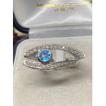 Rare Blue Topaz & Diamond Eye Ring - 14k White Gold - 8 Grams