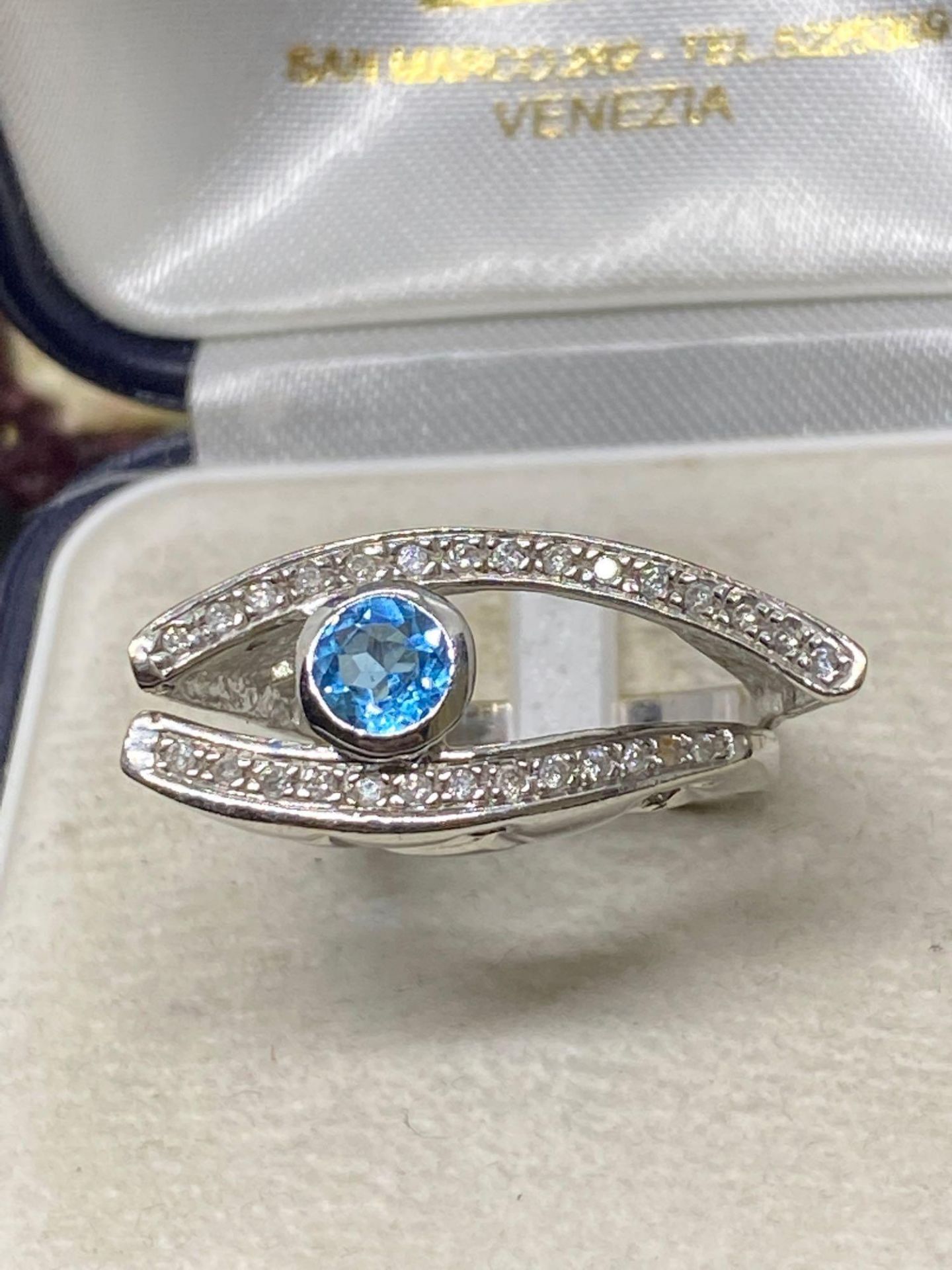 Rare Blue Topaz & Diamond Eye Ring - 14k White Gold - 8 Grams