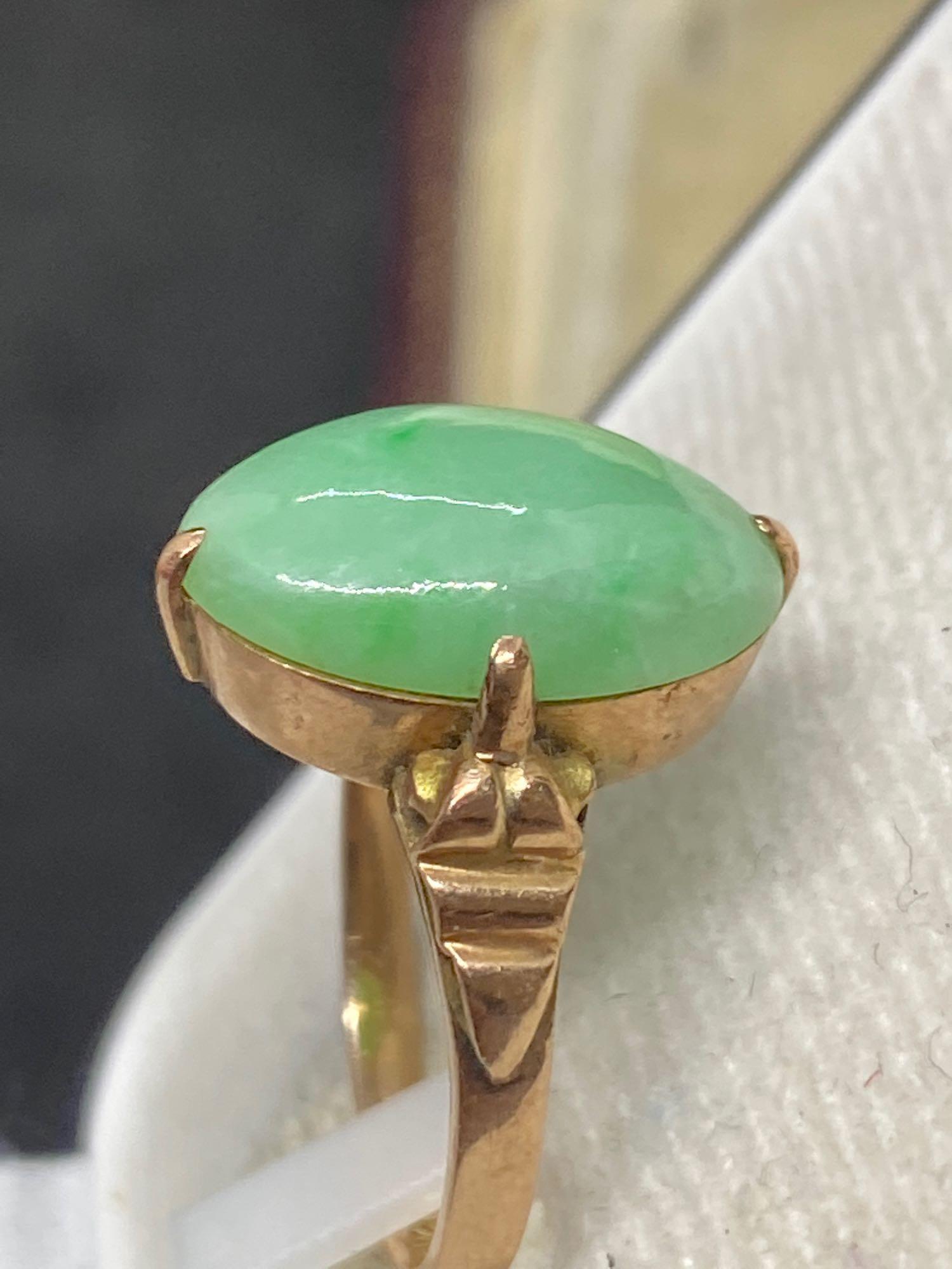 Yellow Coloured Metal Ring Set with Jade, hallmarked with Arabic Writing and 50% - Image 2 of 3