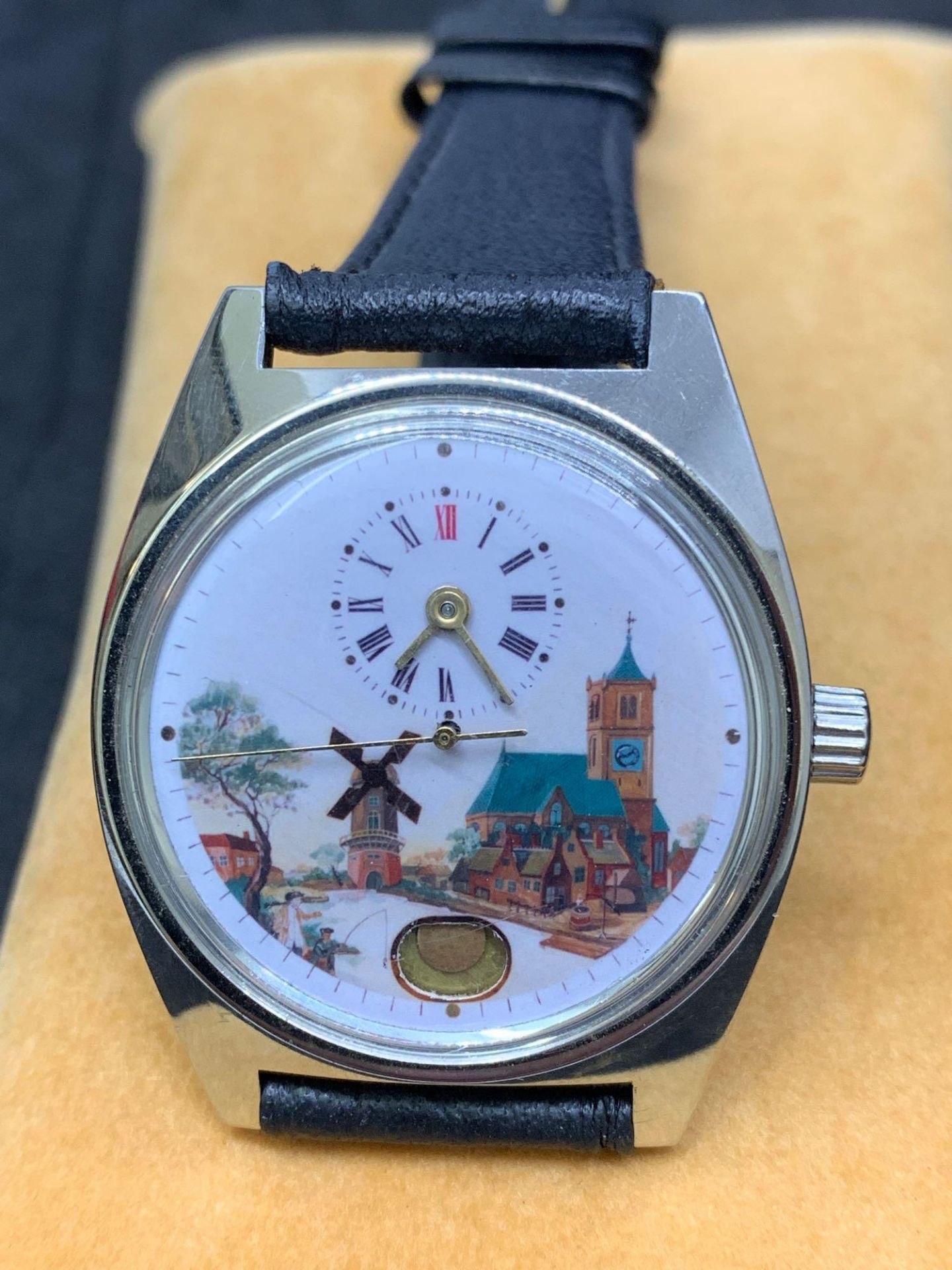 Unusual Vintage S/Steel Watch - Windmill & Church Scene 36mm