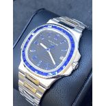 18ct WHITE GOLD WATCH MARKED PATEK PHILIPPE SET WITH BLUE SAPPHIRES