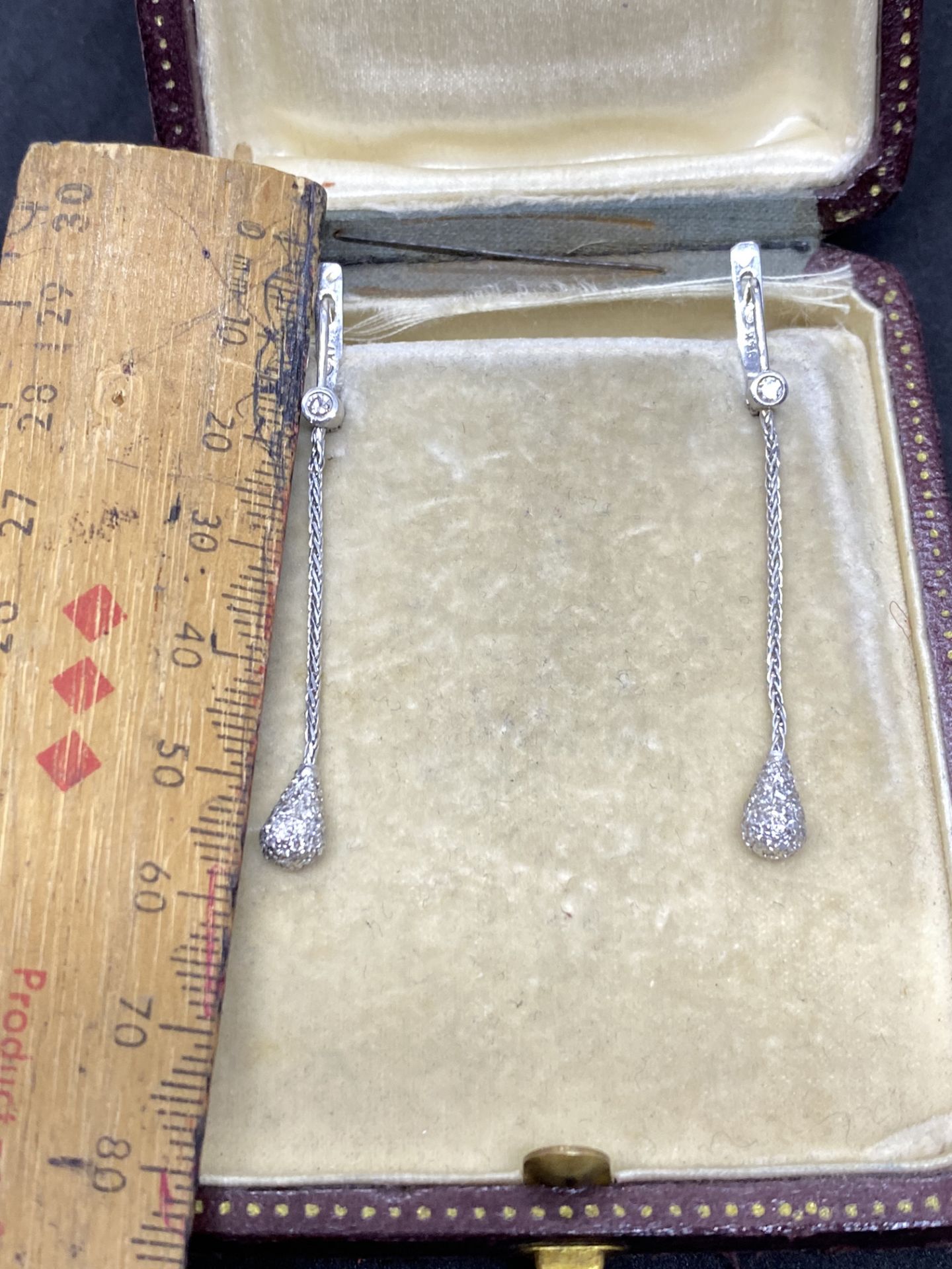 Fine 14k White Gold Diamond Encrusted / Diamond Solitaire Drop Earrings - Image 5 of 5