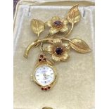 9ct Gold Garnet set Brooch with Fob Watch - 14.3g