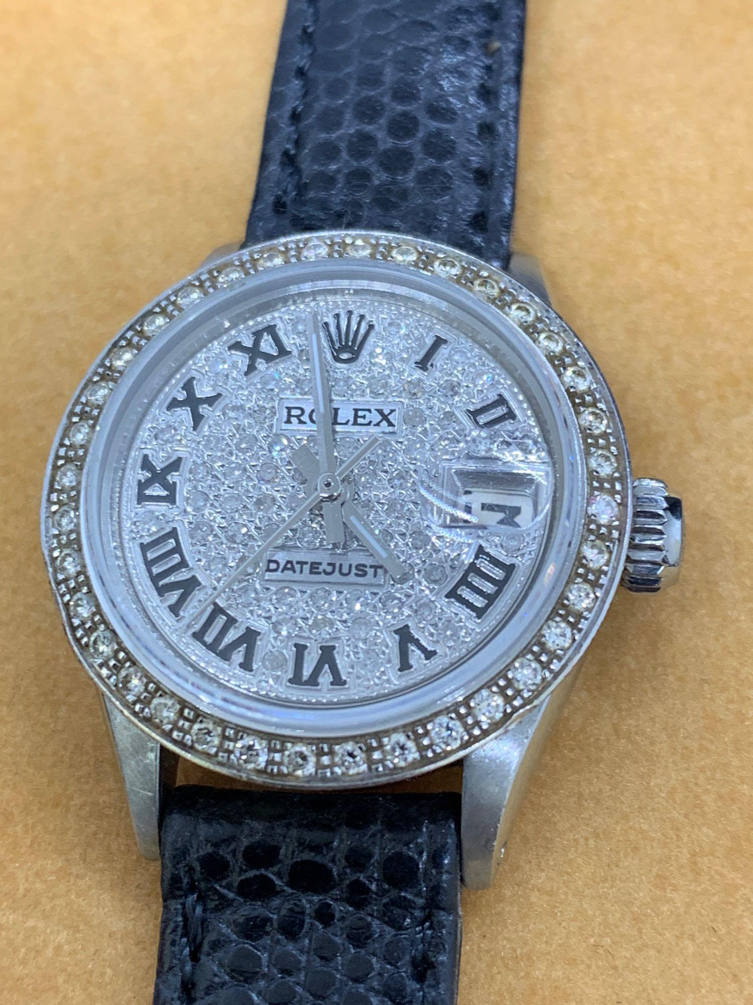 Ladies stainless steel Rolex set with aftermarket diamond dial and diamond bezel 26mm