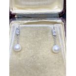 9ct White Gold Channel Set Diamond & Pearl Earrings