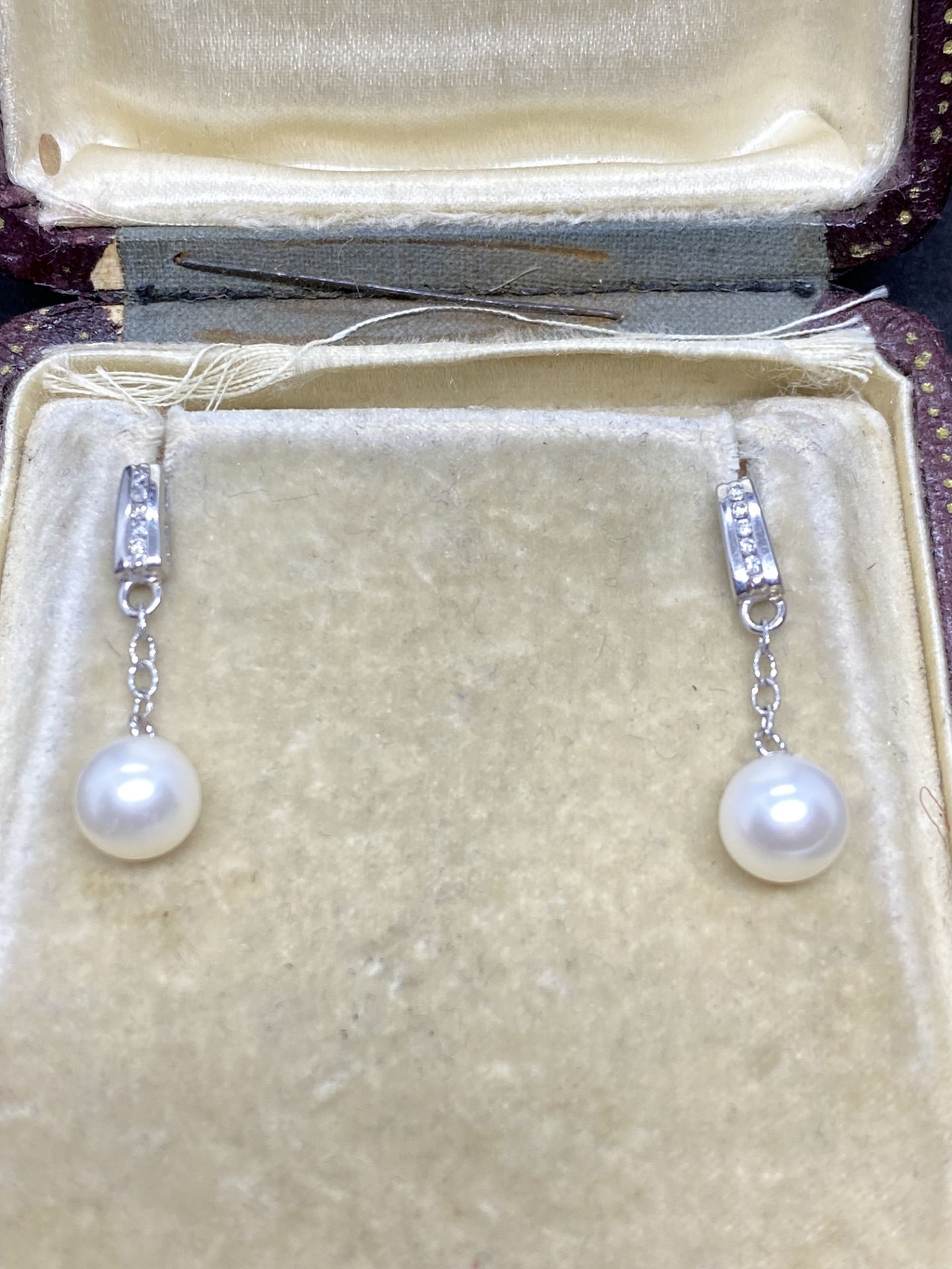 9ct White Gold Channel Set Diamond & Pearl Earrings