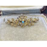 ANTIQUE TURQUISE & SEED PEARL 15k GOLD BROOCH