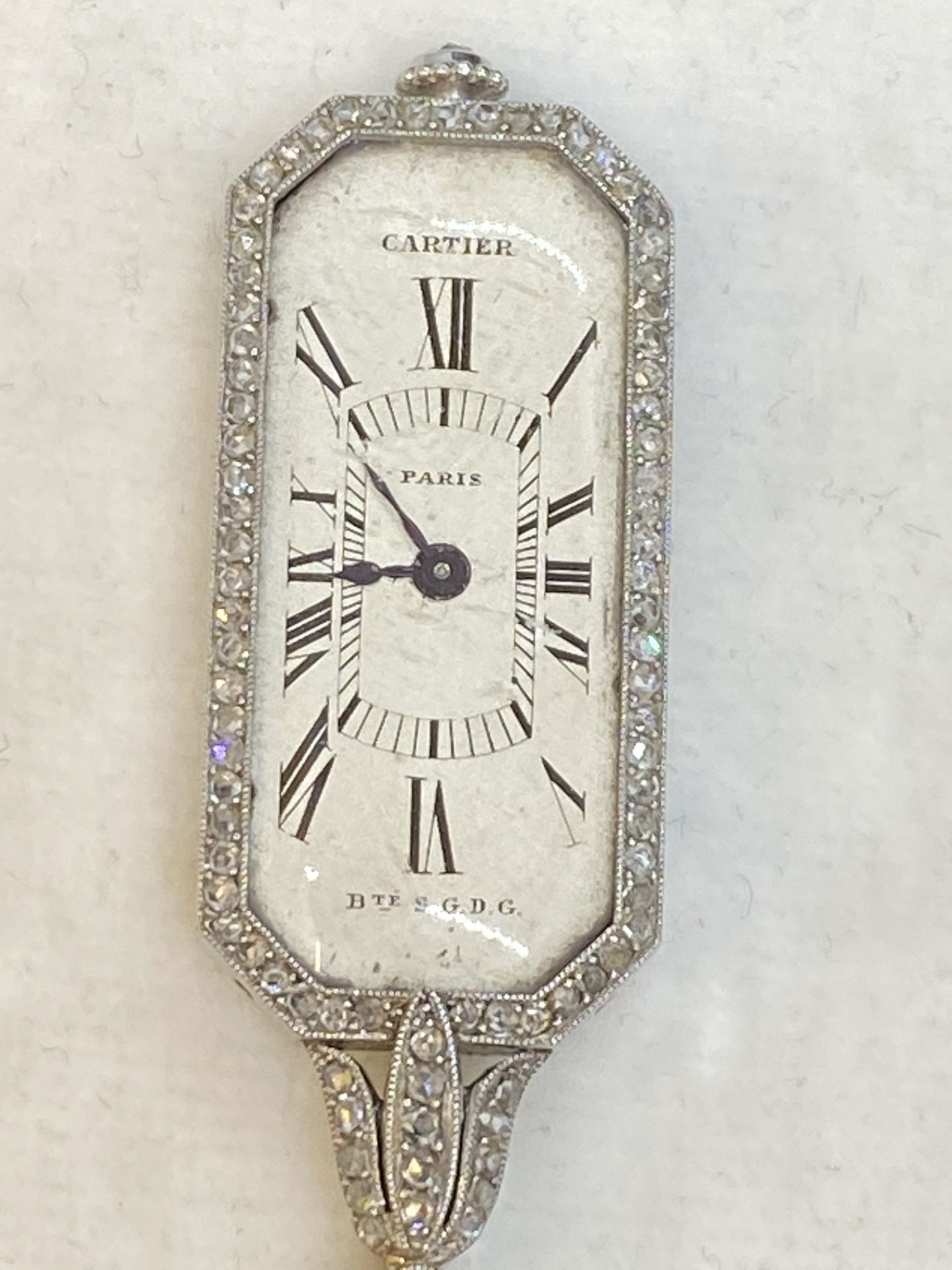 FINE RARE VINTAGE CARTIER PLATINUM DIAMOND & SAPPHIRE FOB WATCH - Image 8 of 16