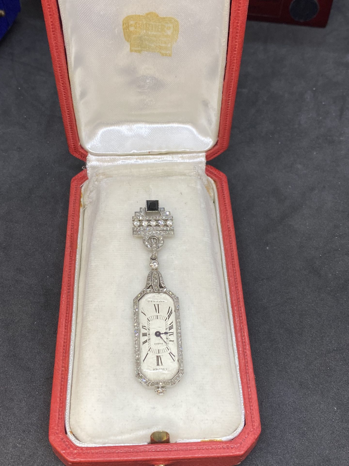 FINE RARE VINTAGE CARTIER PLATINUM DIAMOND & SAPPHIRE FOB WATCH