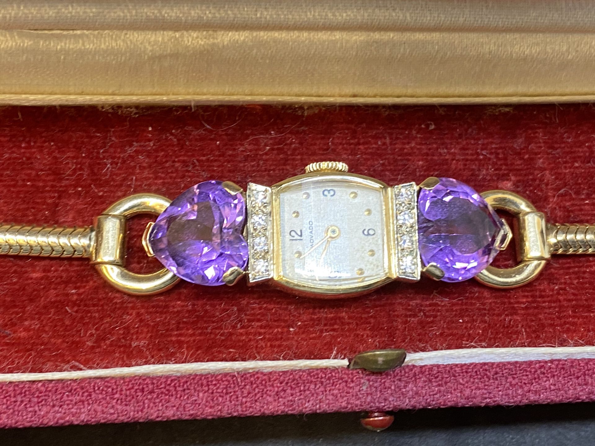 VINTAGE BOXED MOVADO GOLD DIAMOND & AMETHYST COCKTAIL WATCH - Image 5 of 13