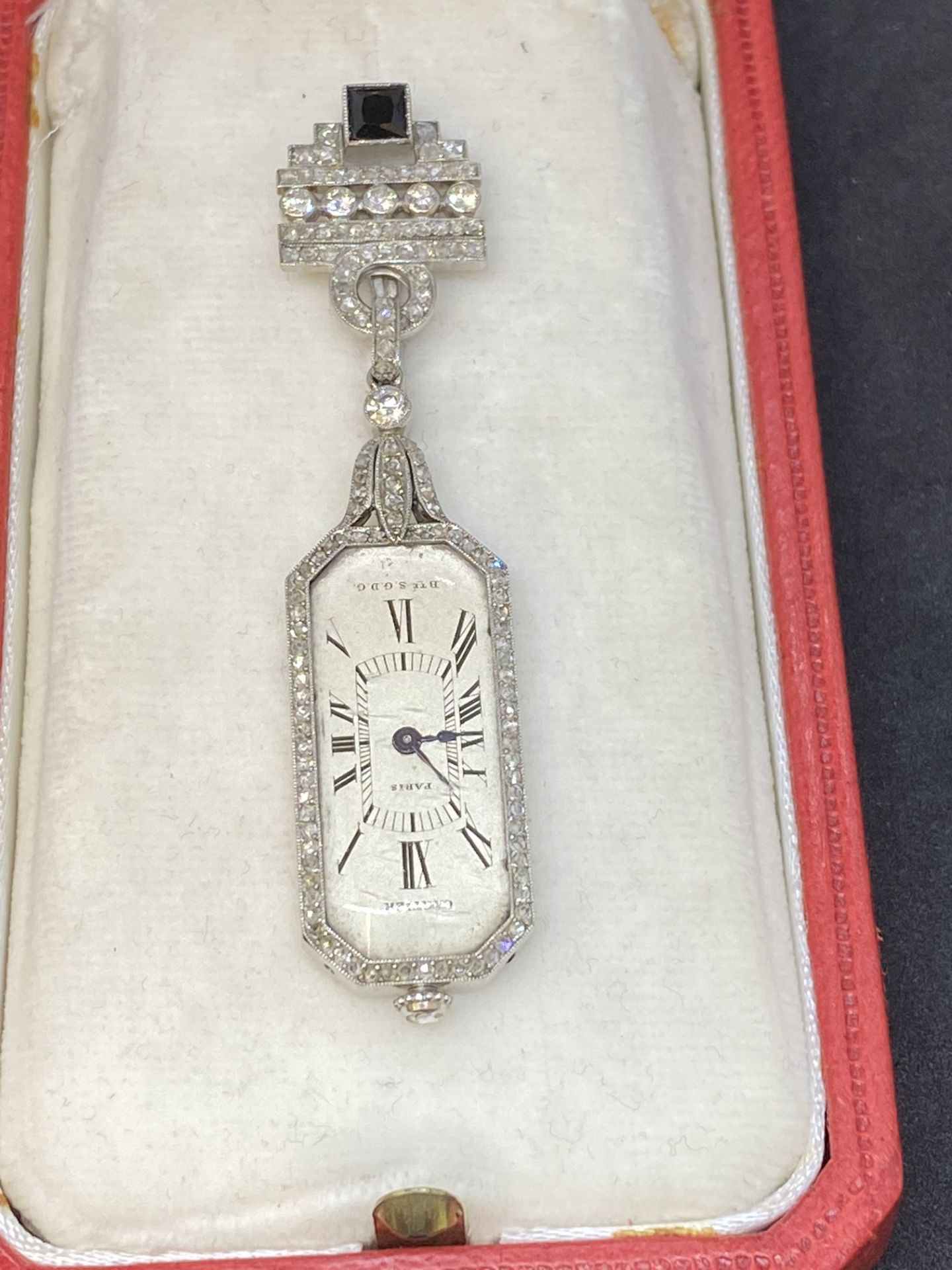 FINE RARE VINTAGE CARTIER PLATINUM DIAMOND & SAPPHIRE FOB WATCH - Image 4 of 16