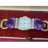 VINTAGE BOXED MOVADO GOLD DIAMOND & AMETHYST COCKTAIL WATCH