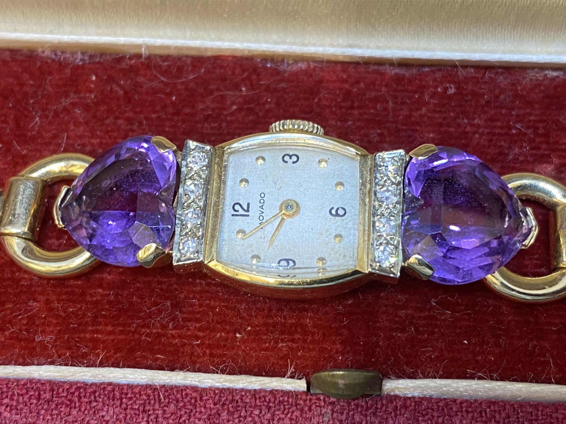VINTAGE BOXED MOVADO GOLD DIAMOND & AMETHYST COCKTAIL WATCH
