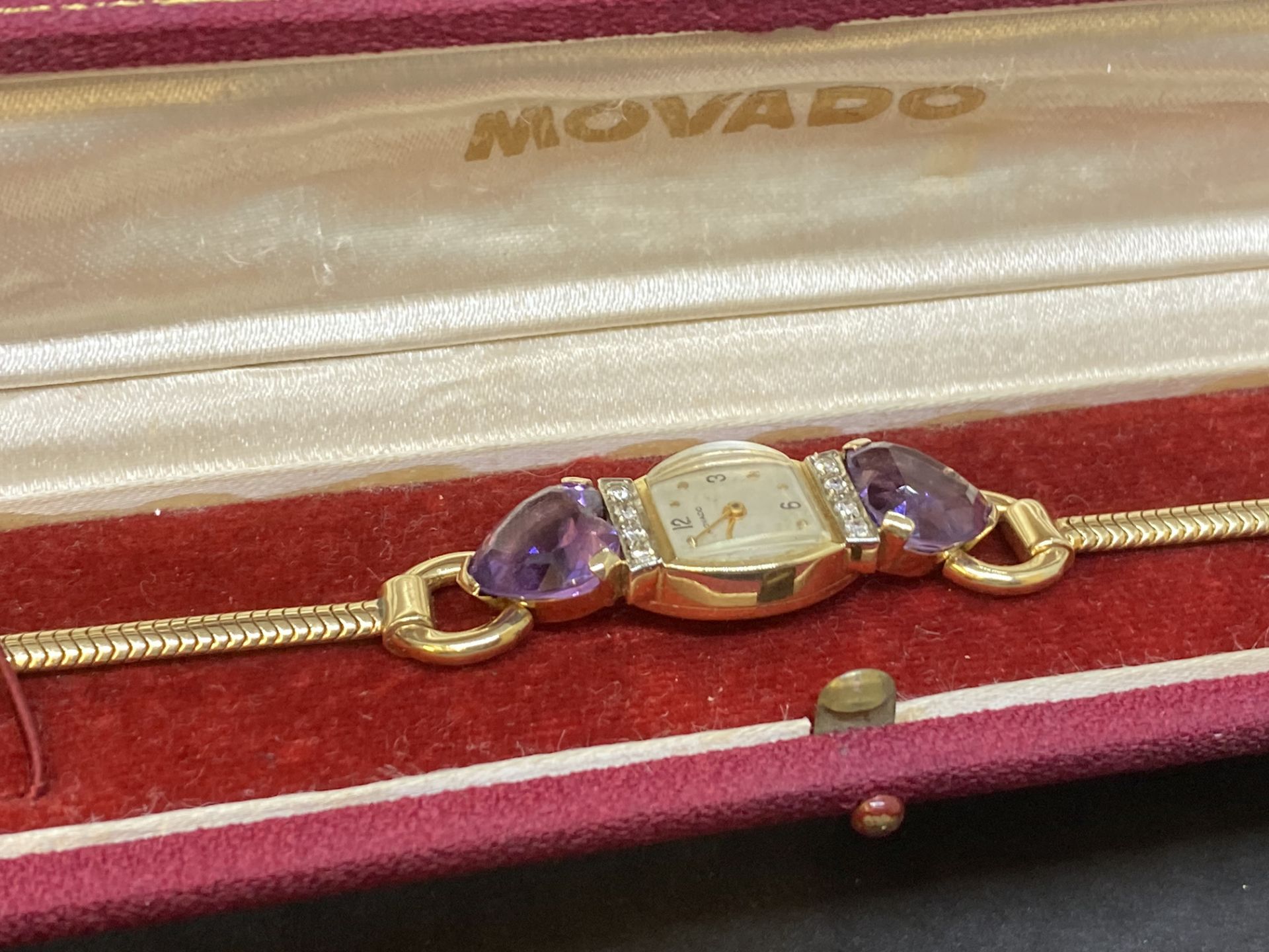 VINTAGE BOXED MOVADO GOLD DIAMOND & AMETHYST COCKTAIL WATCH - Image 2 of 13