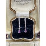 PINK SAPPHIRE & DIAMOND DROP EARRINGS SET IN WHITE GOLD