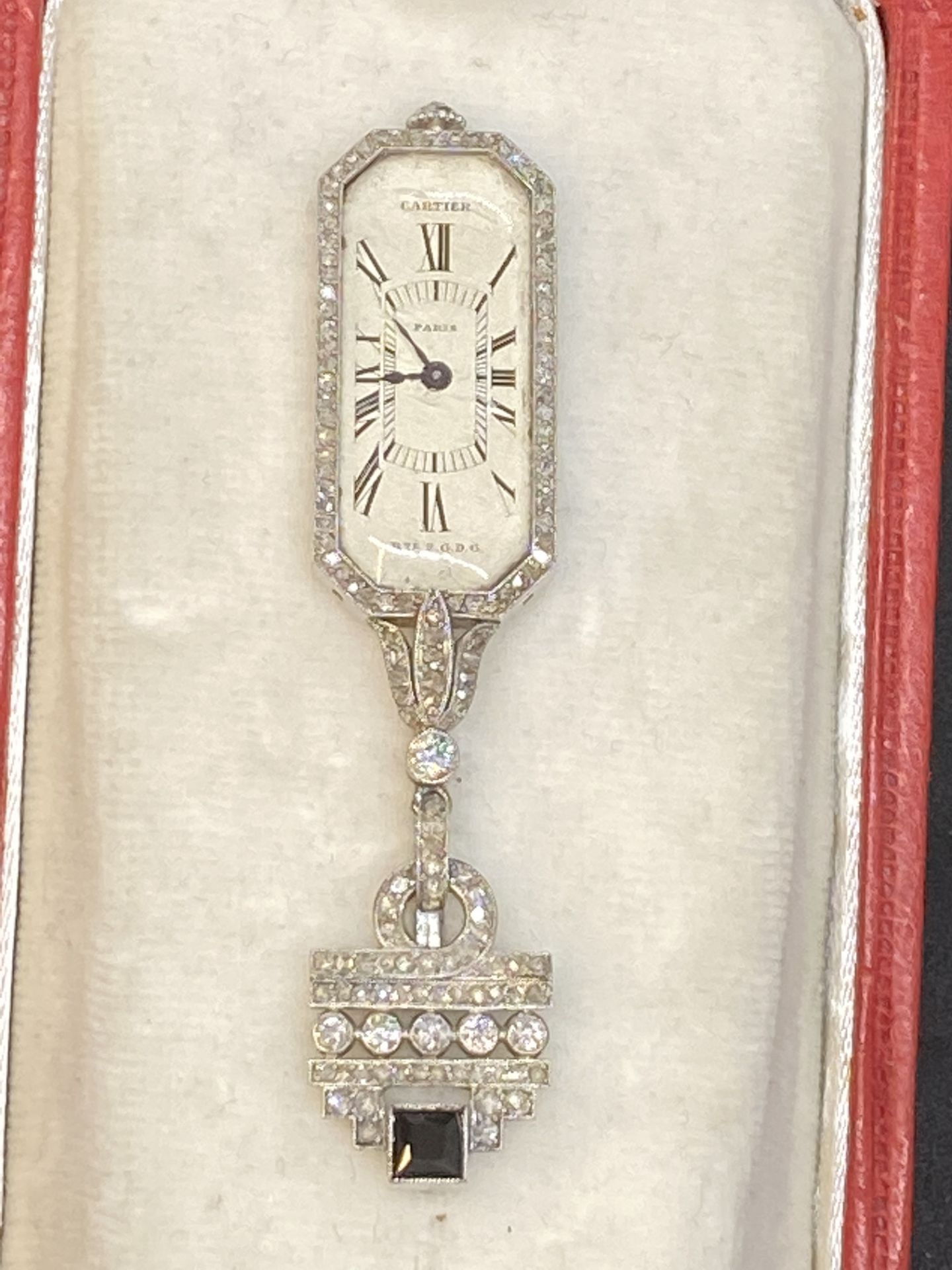 FINE RARE VINTAGE CARTIER PLATINUM DIAMOND & SAPPHIRE FOB WATCH - Image 11 of 16