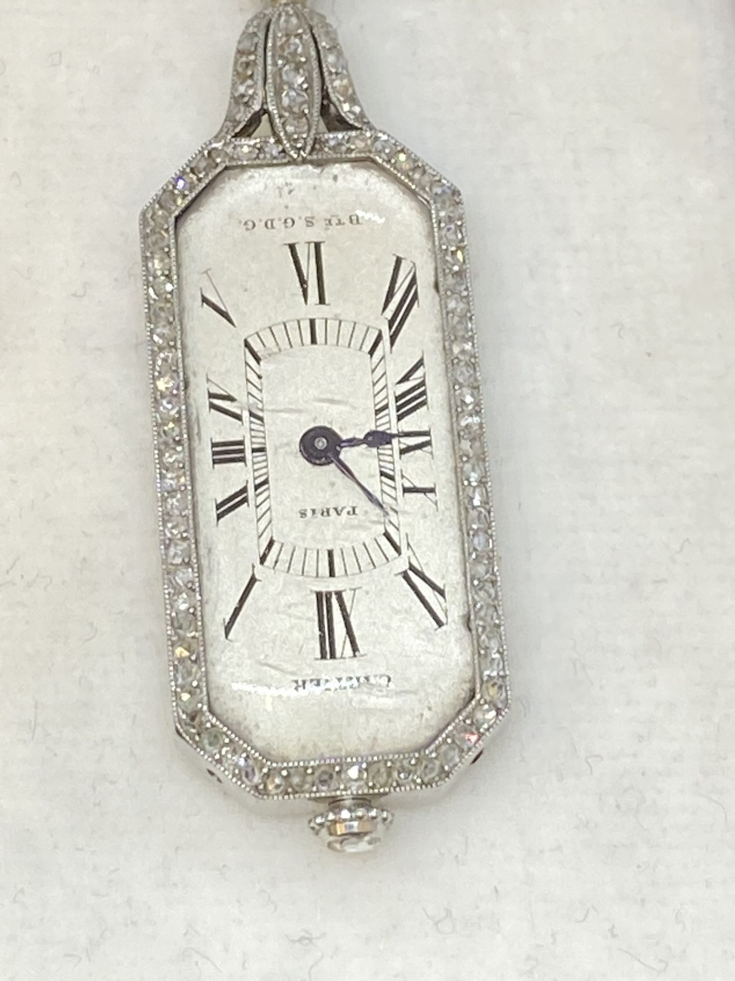 FINE RARE VINTAGE CARTIER PLATINUM DIAMOND & SAPPHIRE FOB WATCH - Image 5 of 16