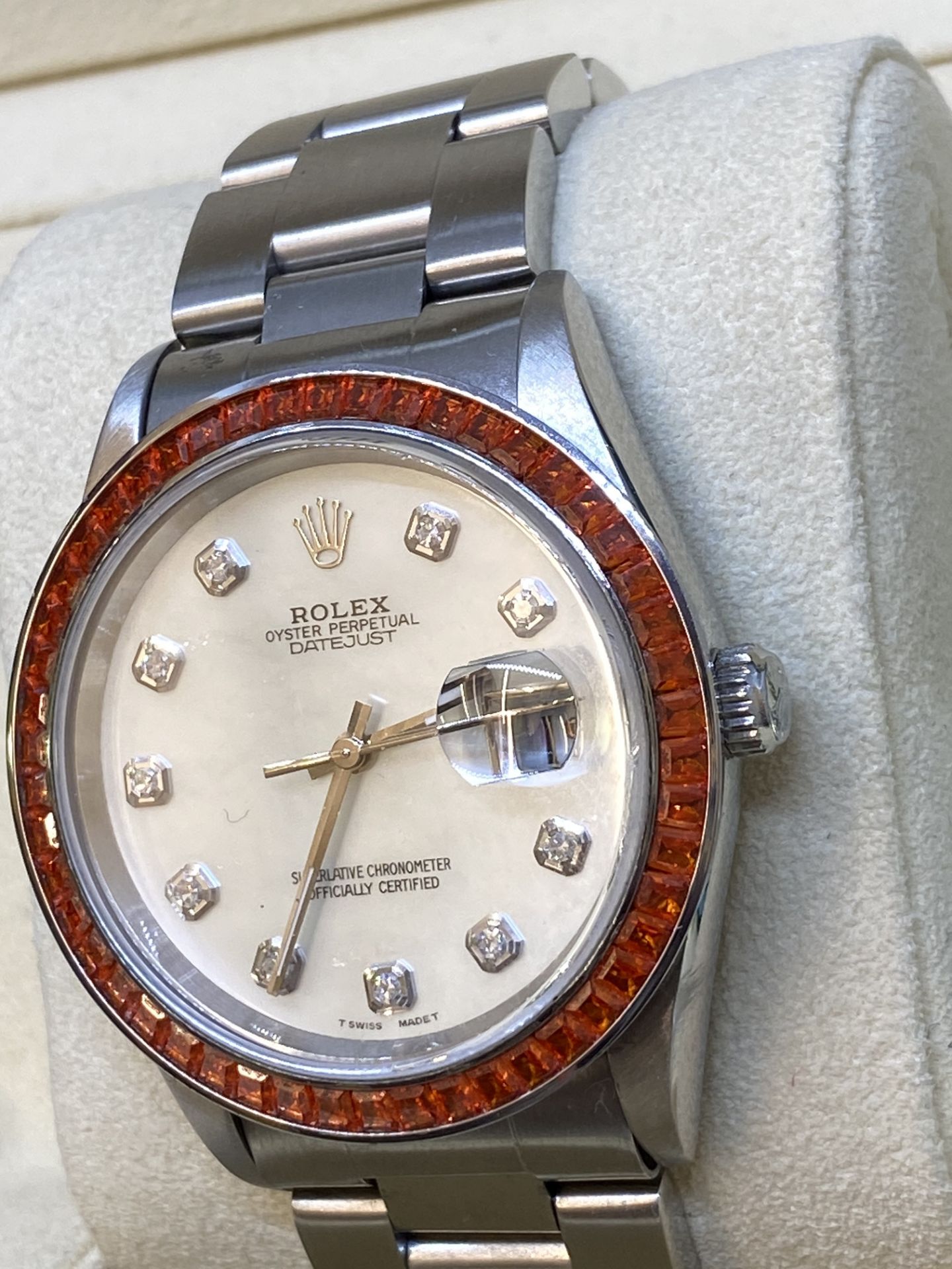 Rolex Stainless Steel Watch 16200 with Box - Set with Diamond dial & Orange Stone Set Bezel - Image 5 of 12