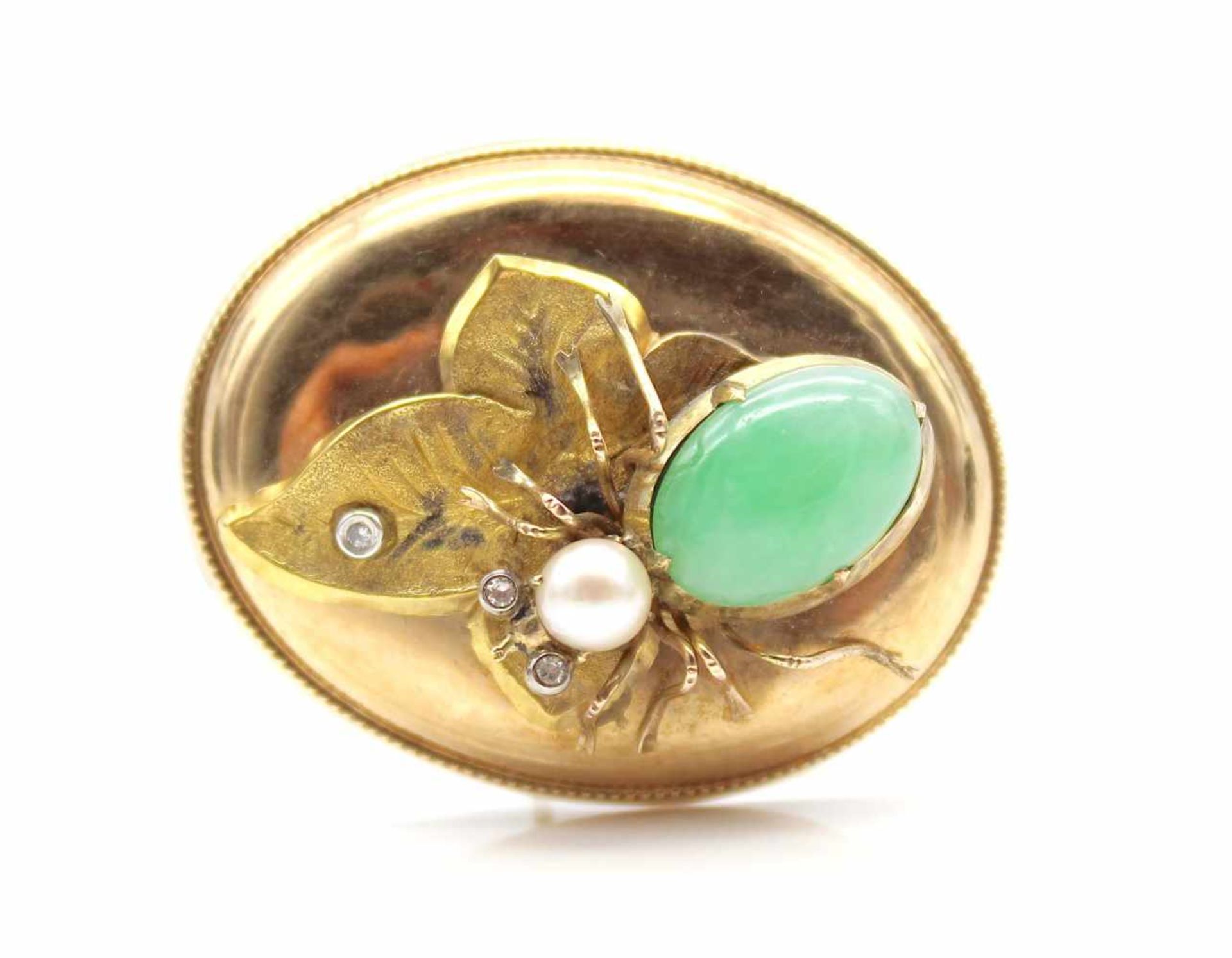 Old pendant / brooch checked for 585 gold with 3 diamonds, 1 cultured pearl and 1 jadeite.Weight - Bild 2 aus 4
