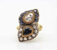 Ring made of 750 gold with 9 sapphires, total approx. 2.6 ct and 8 rose-cut diamonds, total