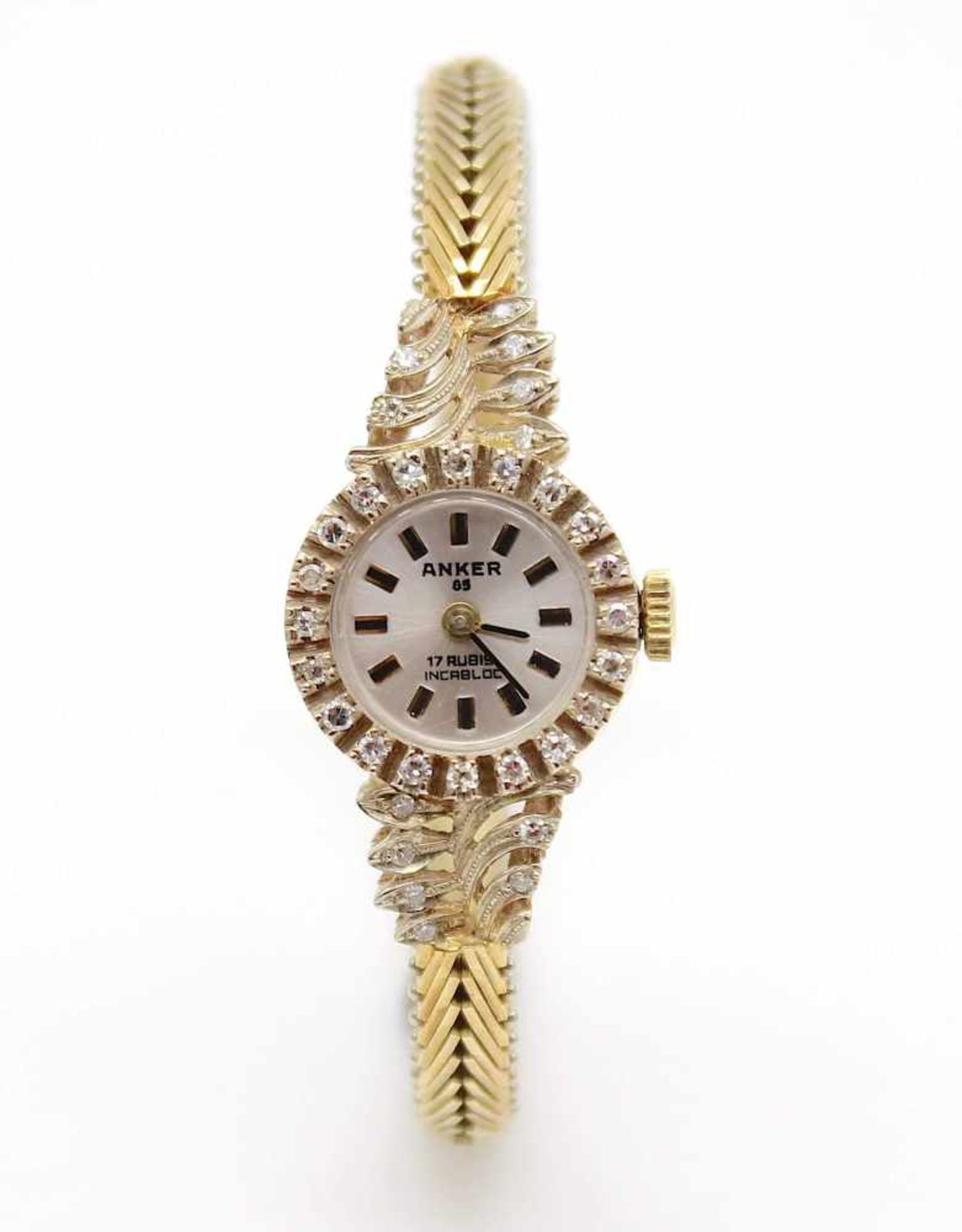 Ladies' wristwatch lever hand winding 585 gold with 32 brilliants, total approx. 0.35 ct in high