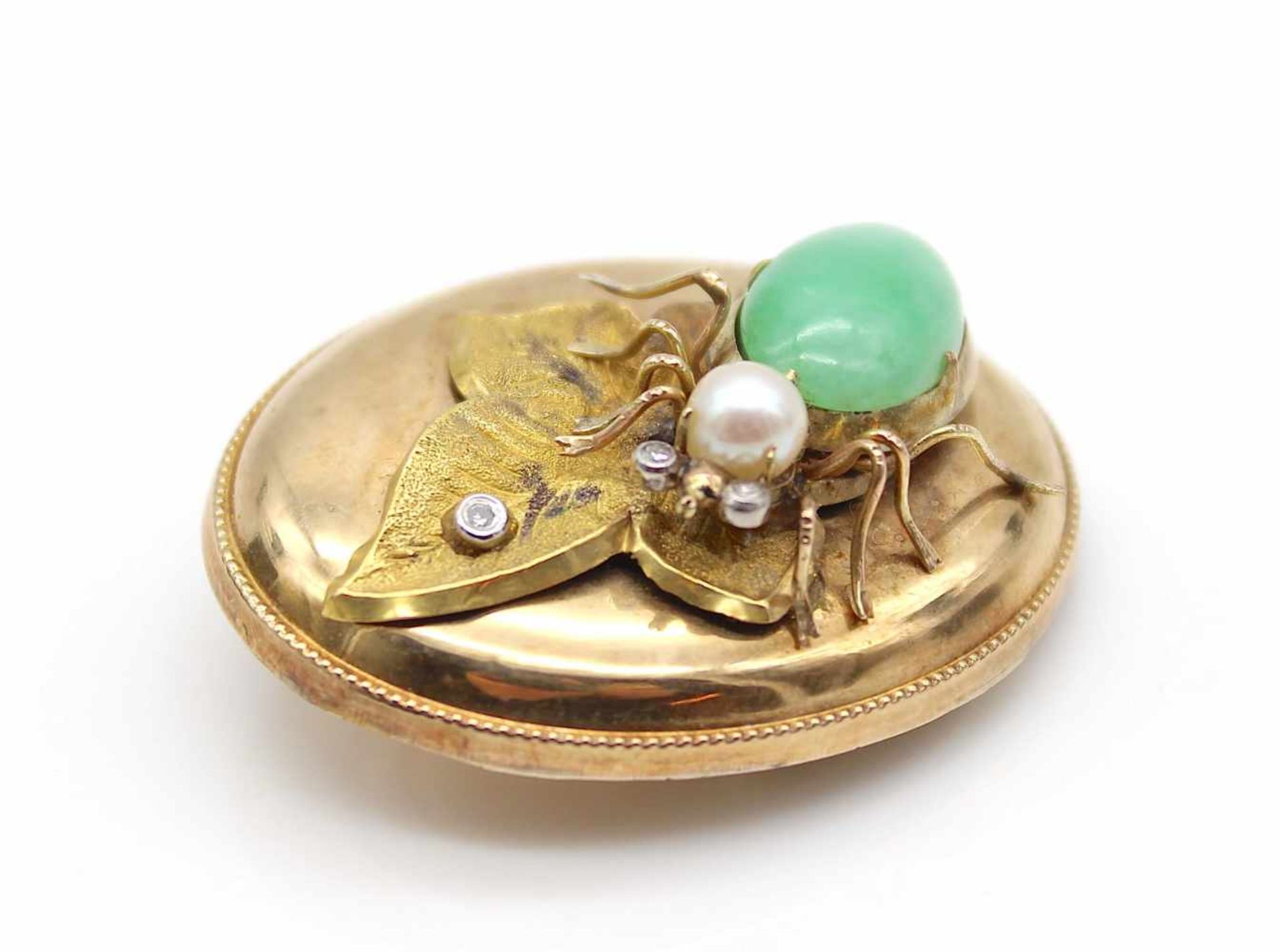 Old pendant / brooch checked for 585 gold with 3 diamonds, 1 cultured pearl and 1 jadeite.Weight - Bild 3 aus 4