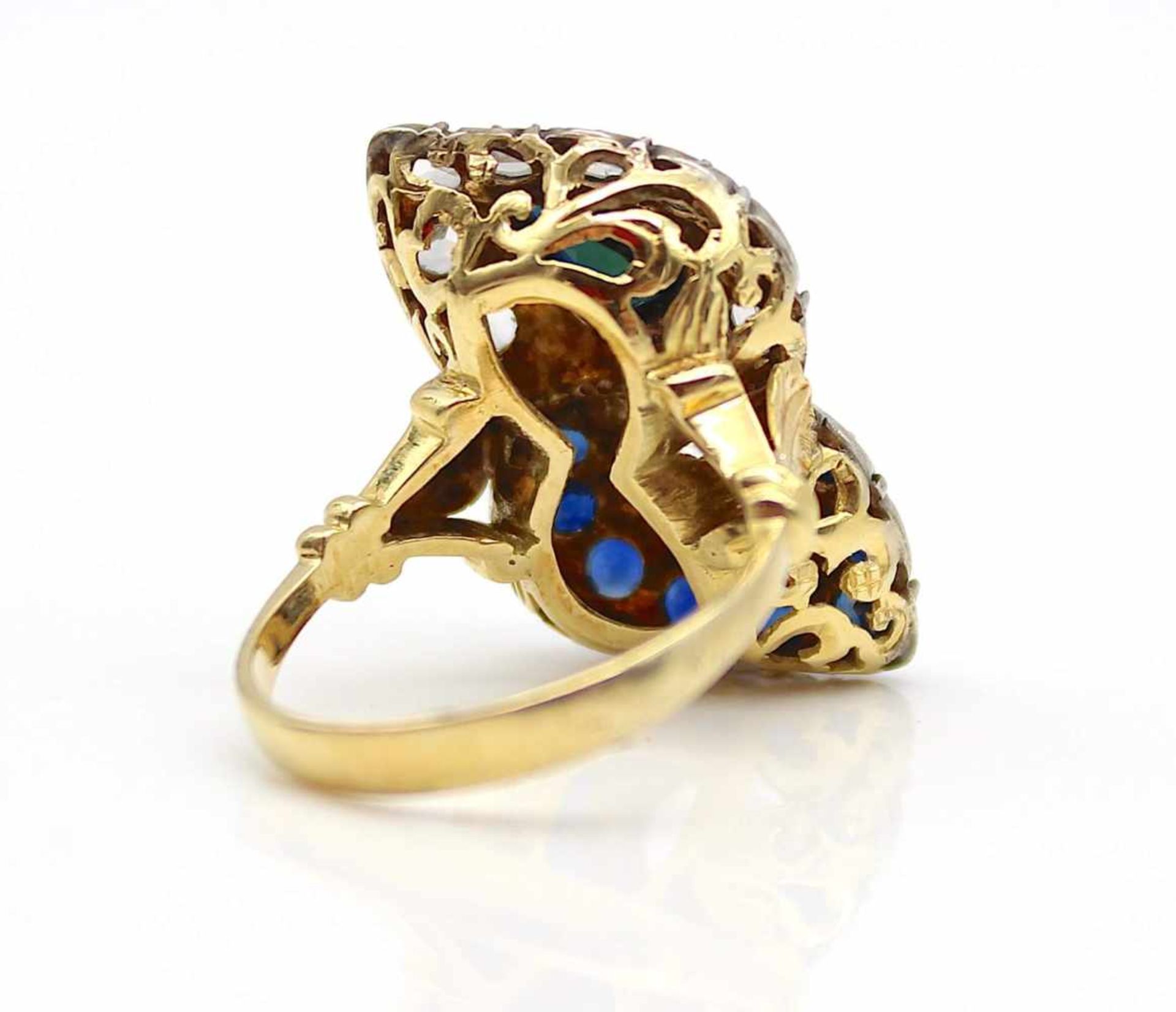 Ring made of 750 gold with 9 sapphires, total approx. 2.6 ct and 8 rose-cut diamonds, total - Bild 3 aus 3