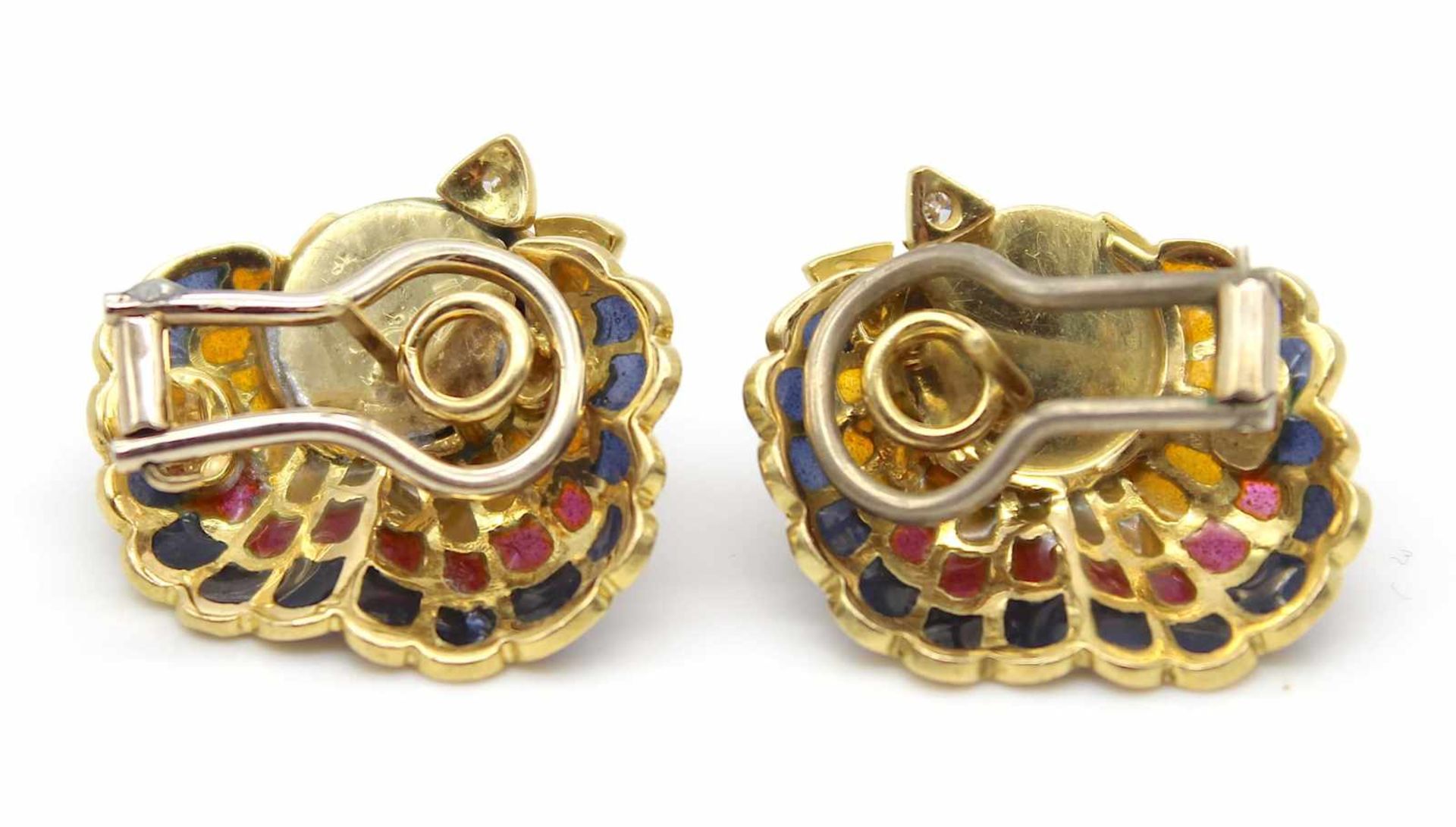 Earrings with plug and clip made of 750 gold with a coated stone, colorful enamel and 4 - Bild 4 aus 4