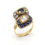 Ring aus 750er Gold mit 9 Saphiren, gesamt ca. 2,6 ct und 8 Diamanten im Rosenschliff, gesamt ca.