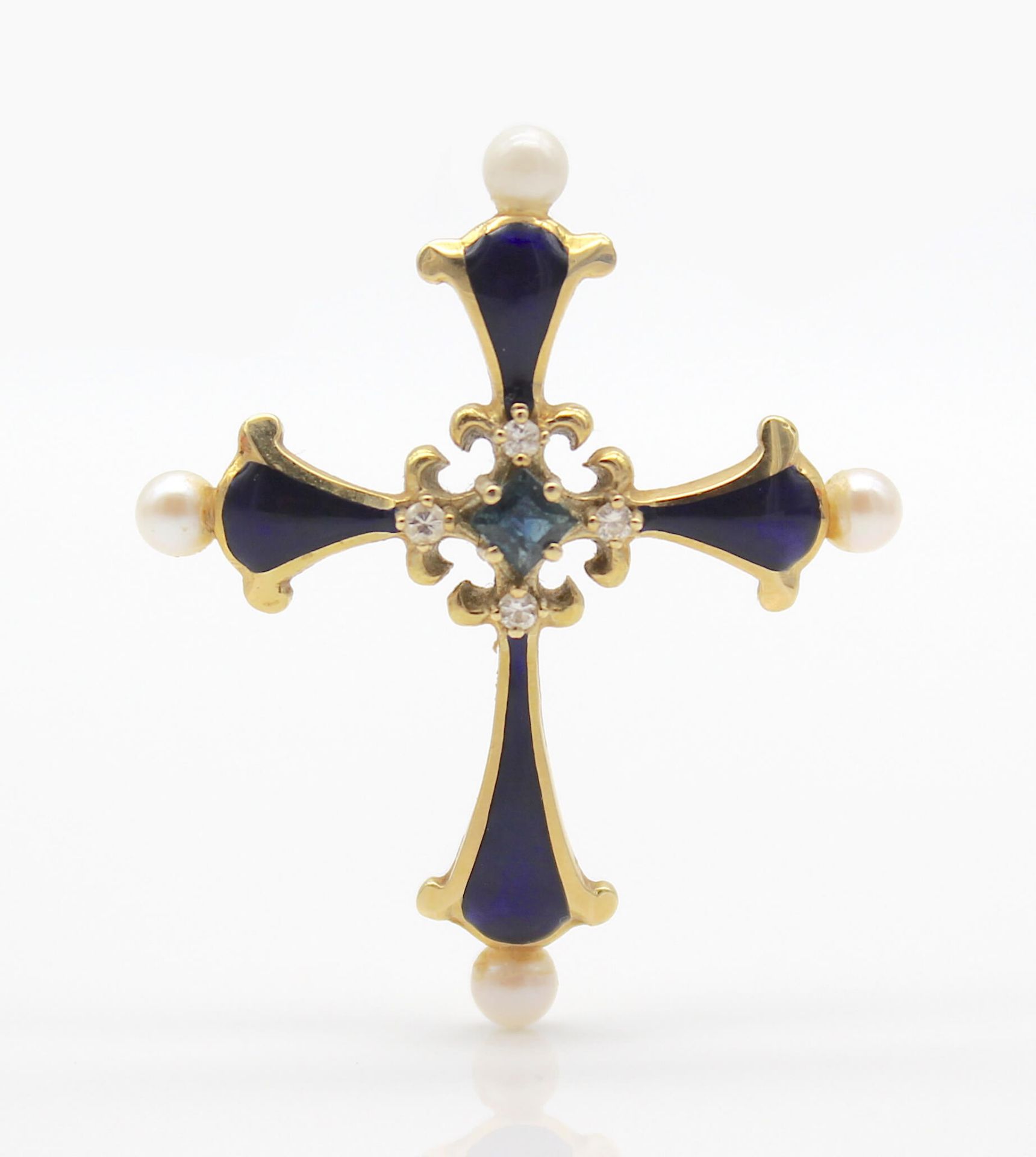 Anhänger Kreuz aus 14 kt Gold mit dunkelblauer Emaille, einem kleinen Saphir, kl. Diamanten und - Bild 2 aus 3