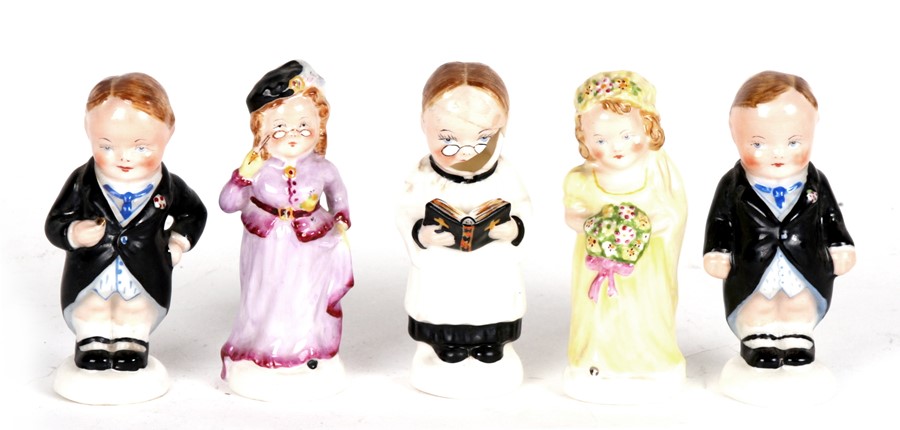 A set of five (ex six) Mabel Lucie Attwell figures by Goss from the wedding party, c.1935. Bride,