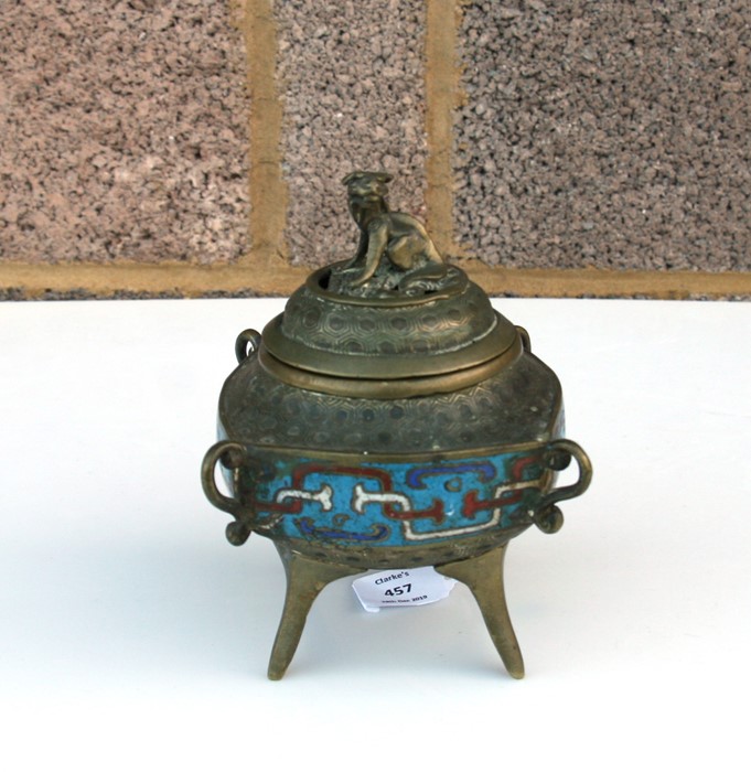 A Chinese bronze and champleve enamel censer on four splayed feet, with fo dog finial, 16cms (6. - Image 8 of 8