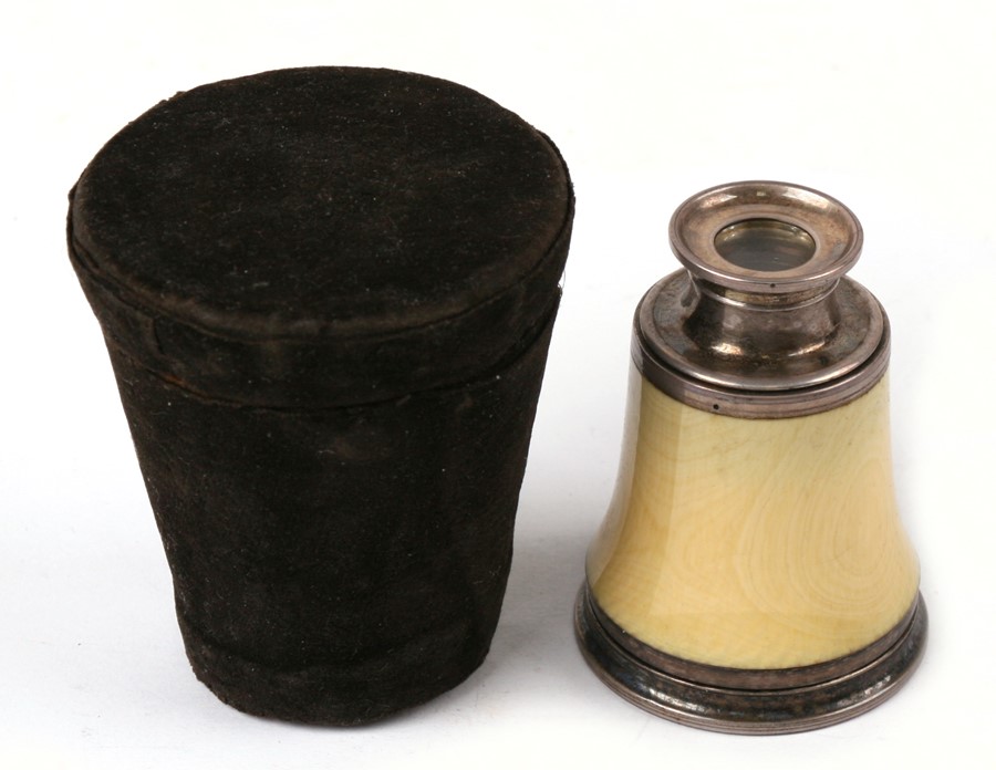 A 19th century silver and ivory single draw monocular, complete with original tapered case, 7.7cm (3