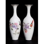 A pair of Chinese Republic eggshell vases decorated with birds, flowers and calligraphy, red seal