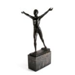 An early 20th century patinated bronze nude figure of a Olympian, shown standing with his arms